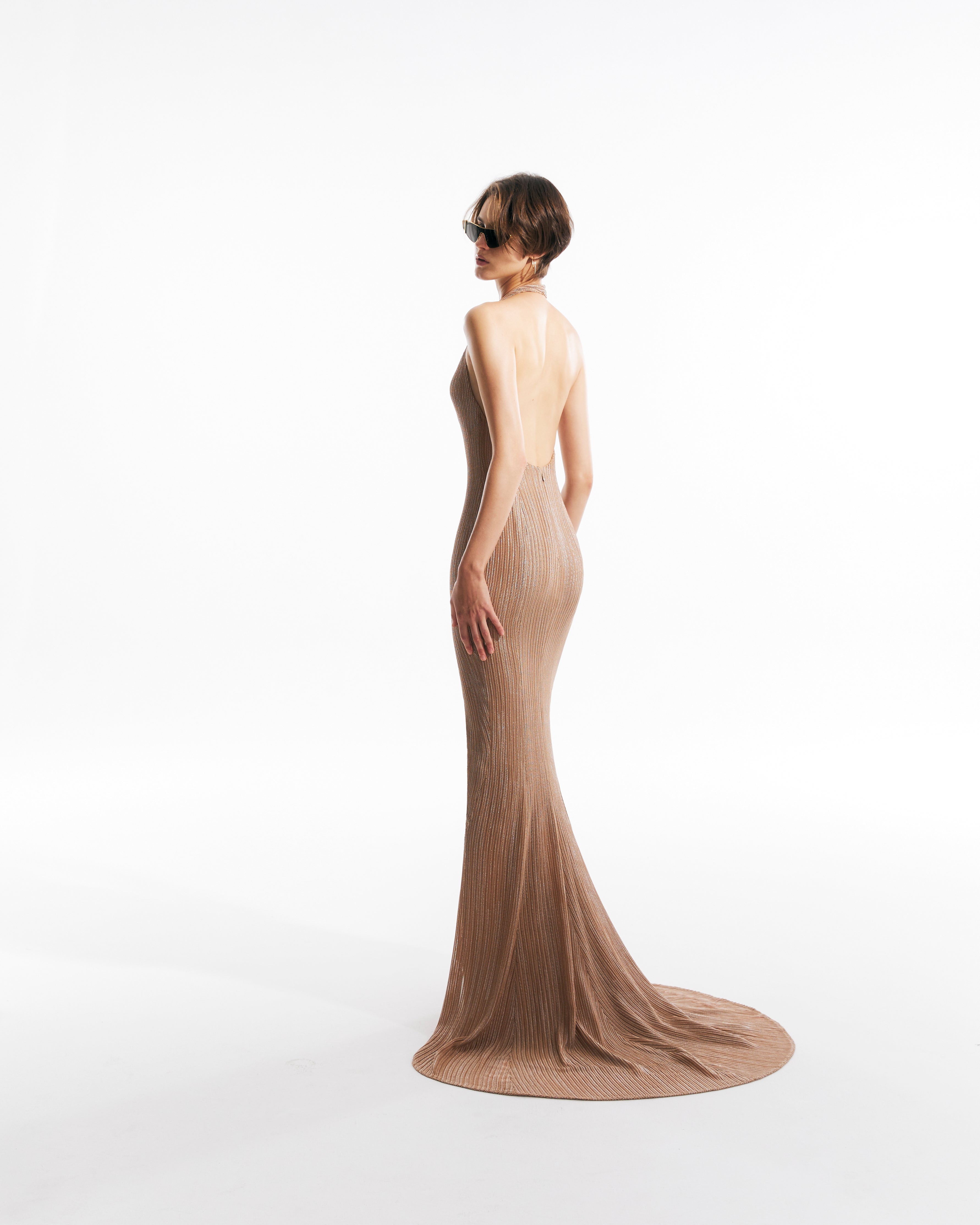 Herringbone Jacquard Halter-Neck Gown