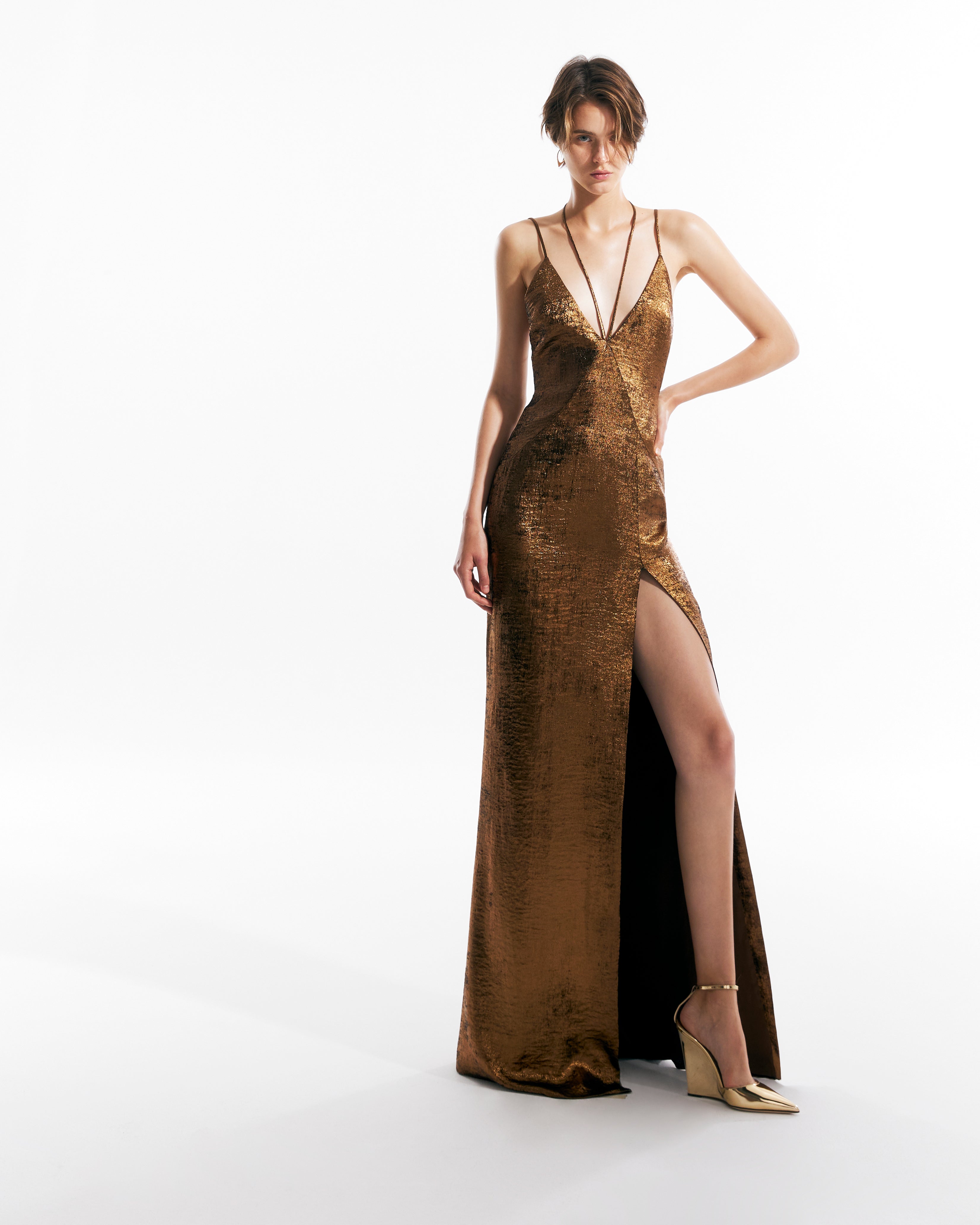 Metallic Crepe Straight-Cut Gown