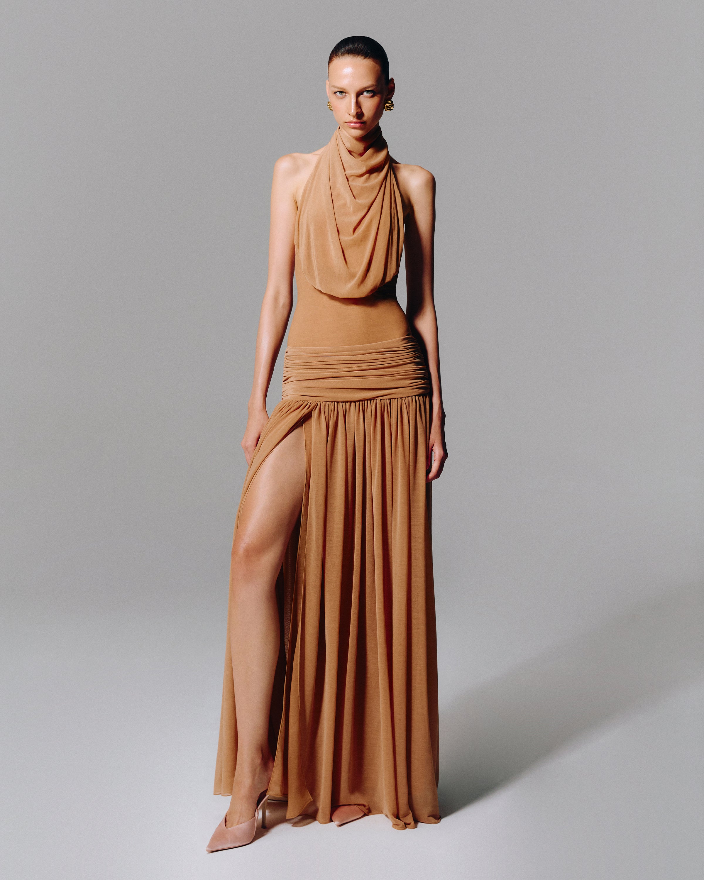HALTER NECK DRAPED MAXI DRESS