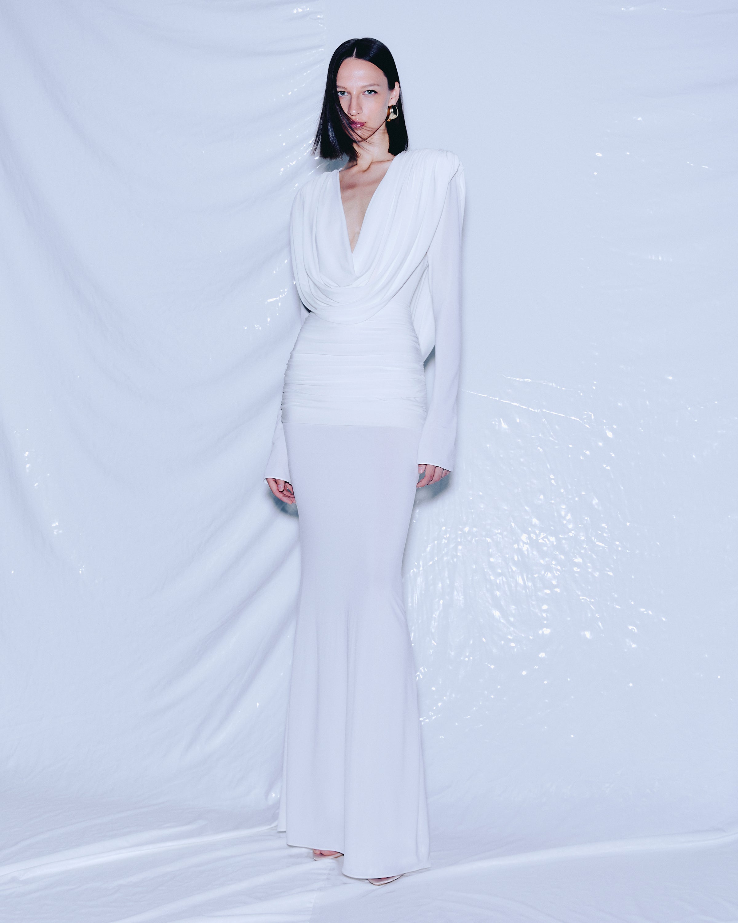 LONG SLEEVE DRAPED COWL NECK MAXI DRESS