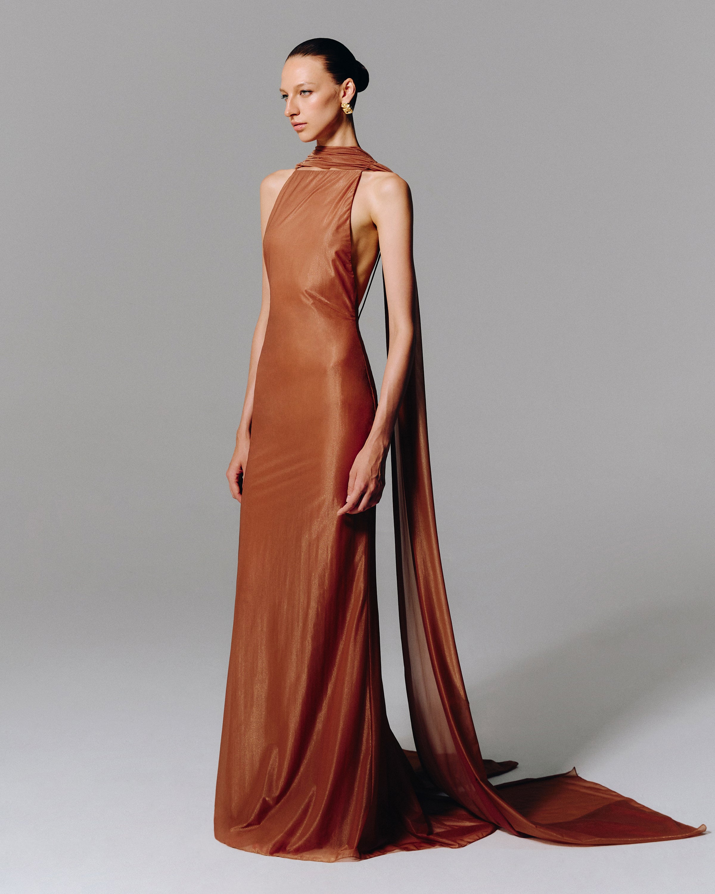 OPEN BACK METALLIC CHIFFON SILK SCARF GOWN