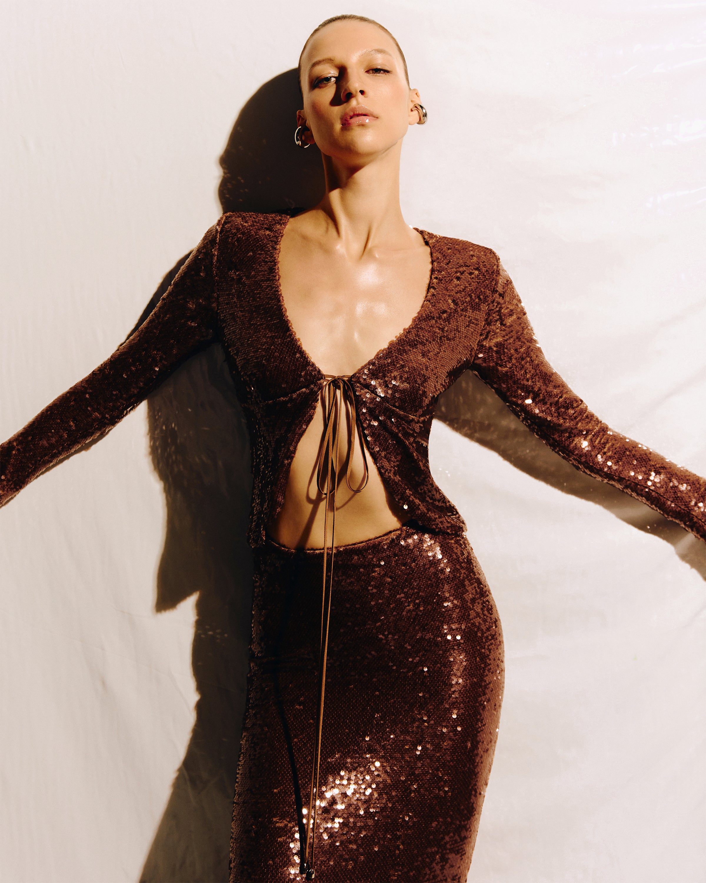 SEQUIN V-NECK LINE LONG SLEEVES LOOK