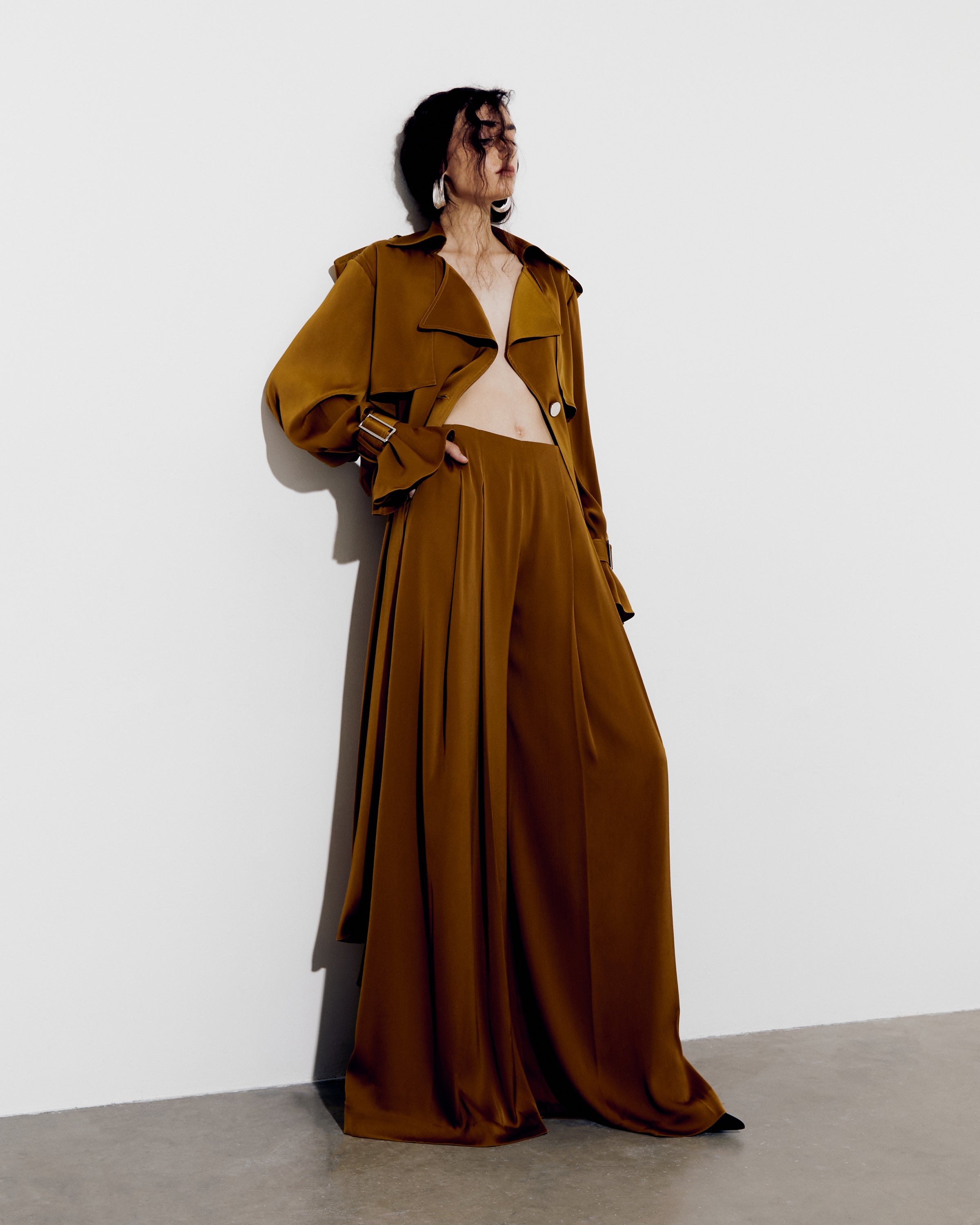 PLEATED FLANNEL MAXI WIDE-LEG PANTS