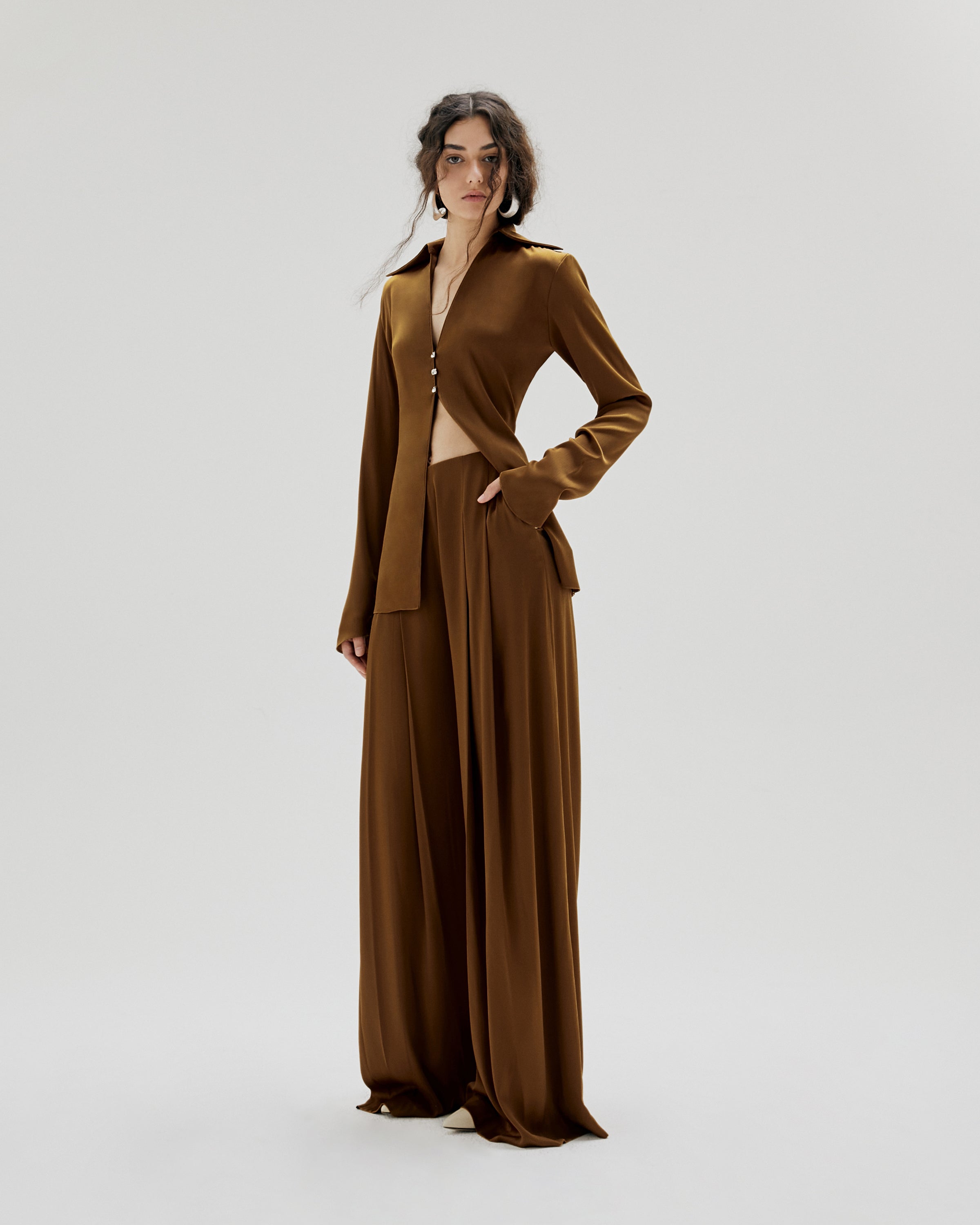 PLEATED FLANNEL MAXI WIDE-LEG PANTS