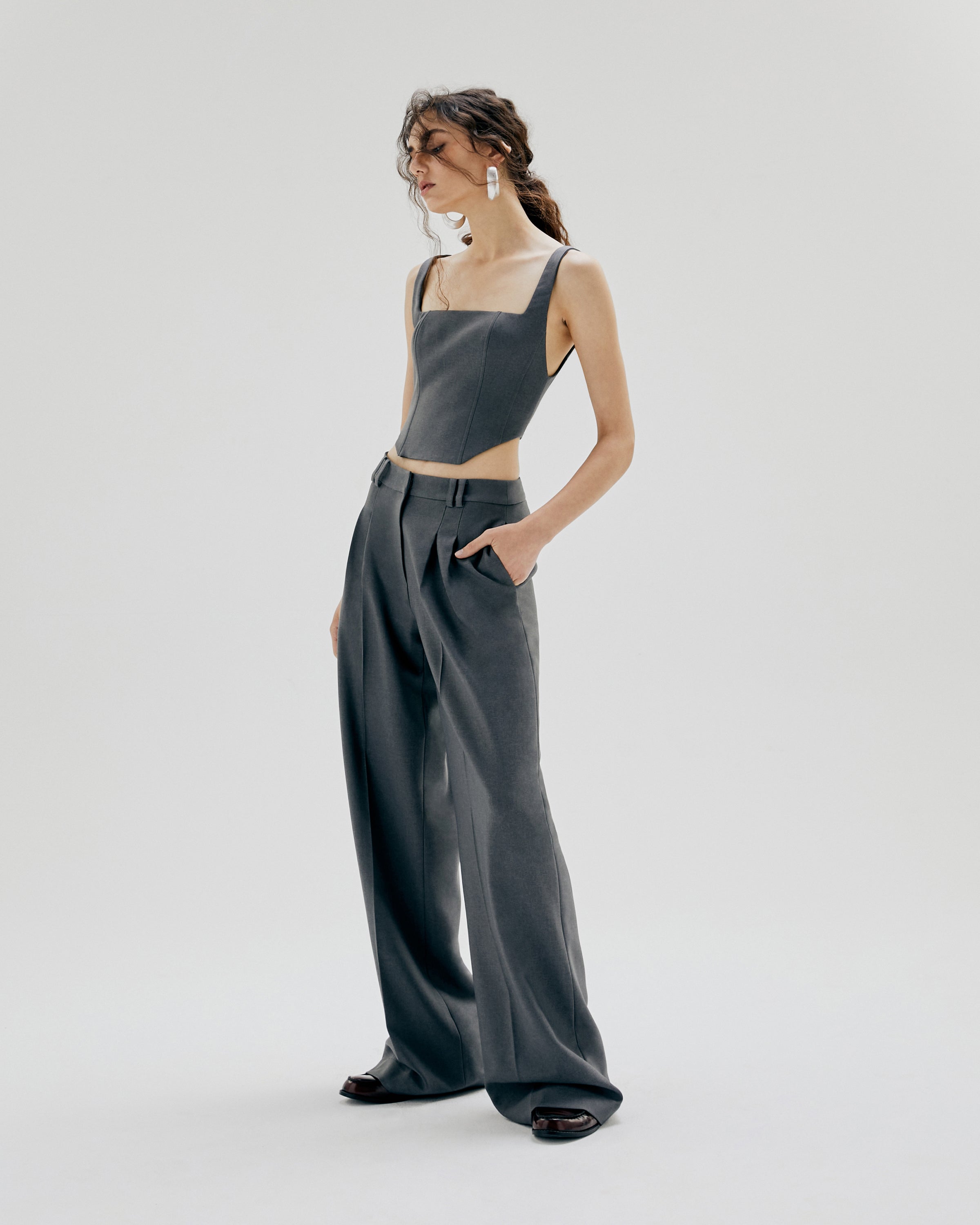 TWILL PLEATED FLANNEL WIDE-LEG PANTS