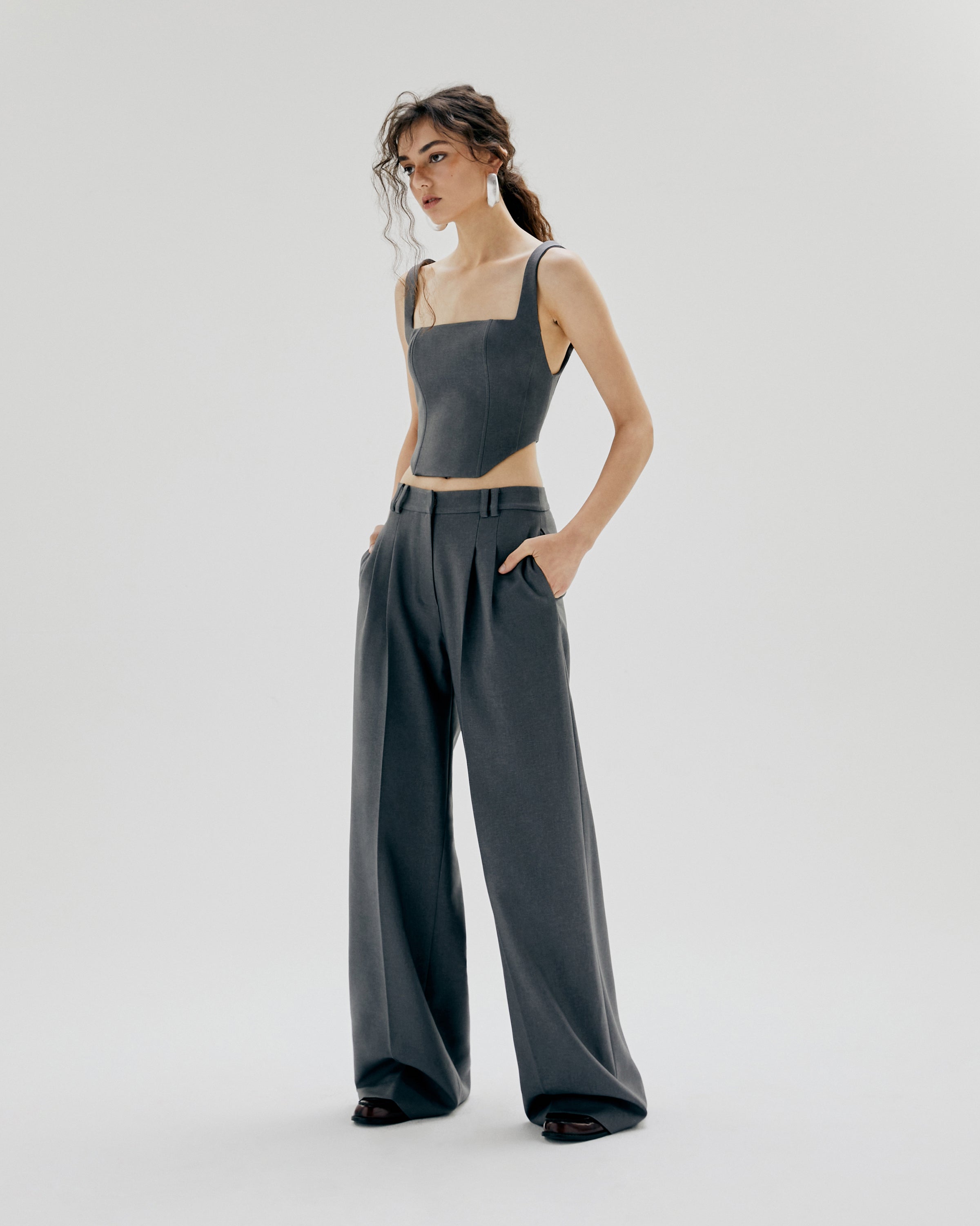 TWILL PLEATED FLANNEL WIDE-LEG PANTS
