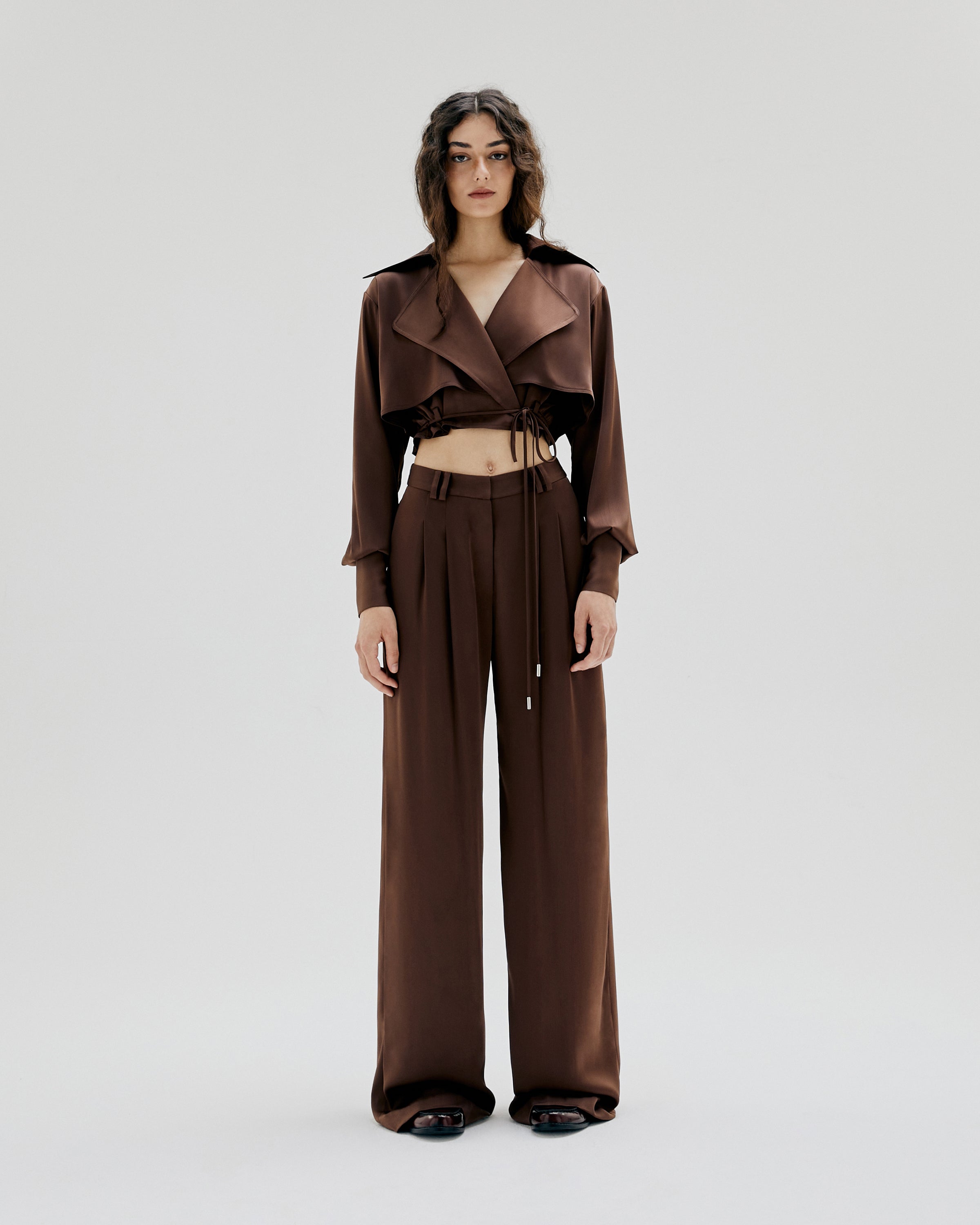 TWILL PLEATED FLANNEL WIDE-LEG PANTS