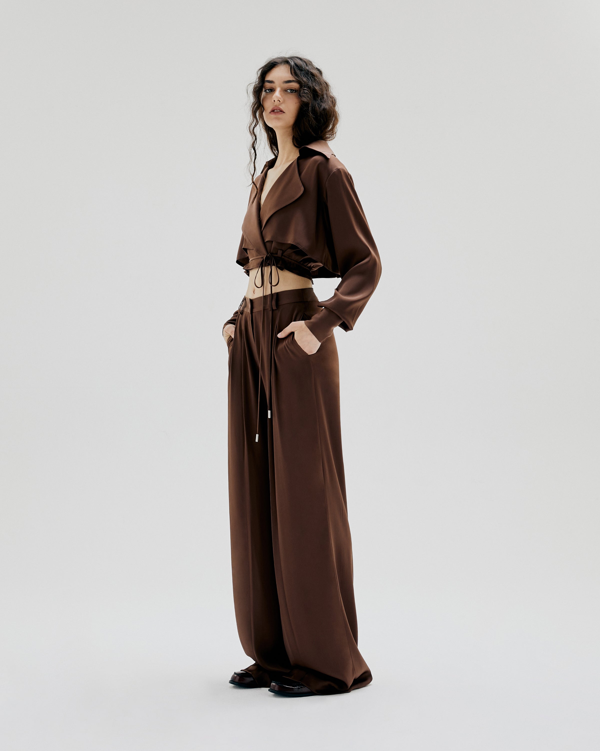 TWILL PLEATED FLANNEL WIDE-LEG PANTS