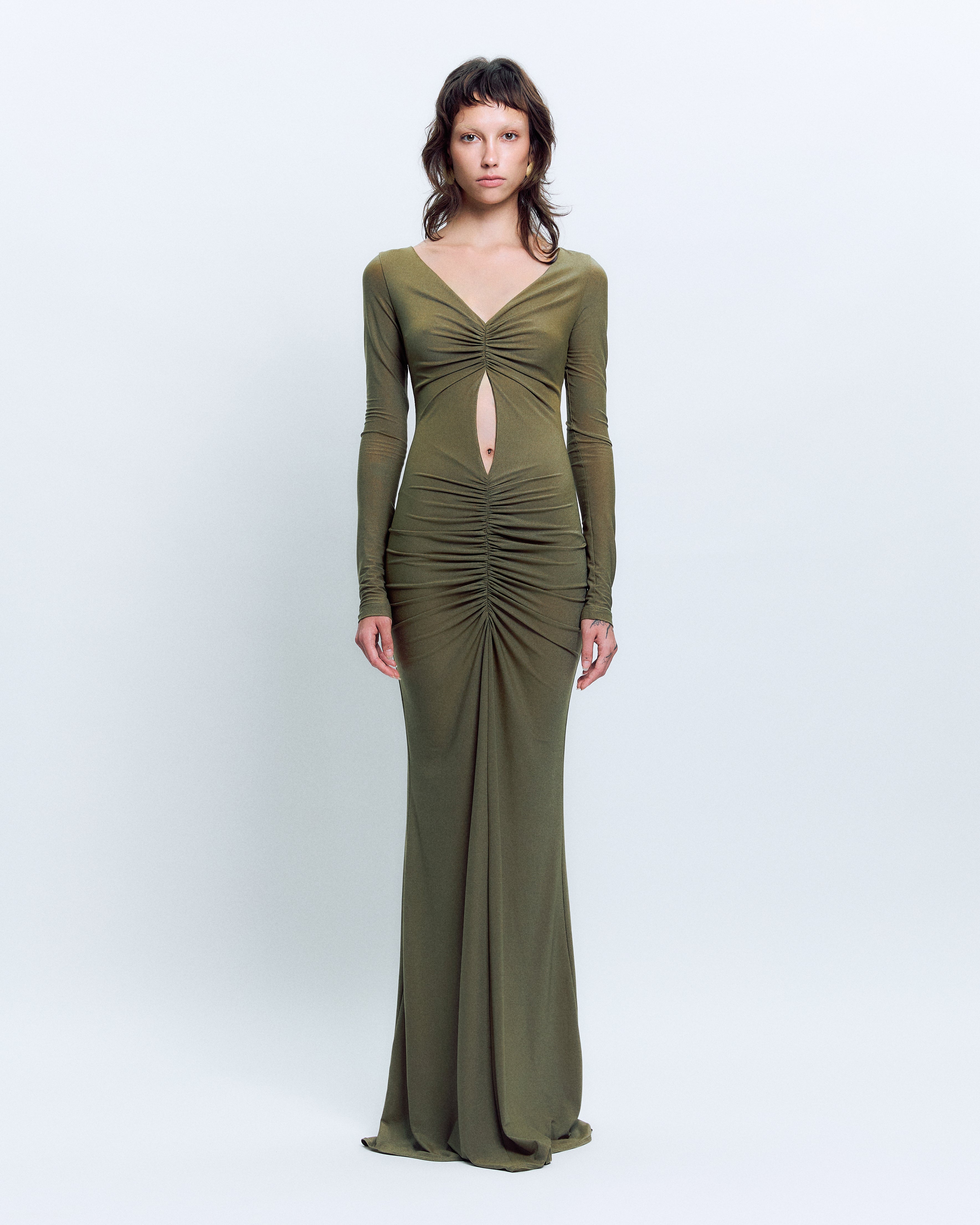V-NECK RUCHED MAXI DRESS
