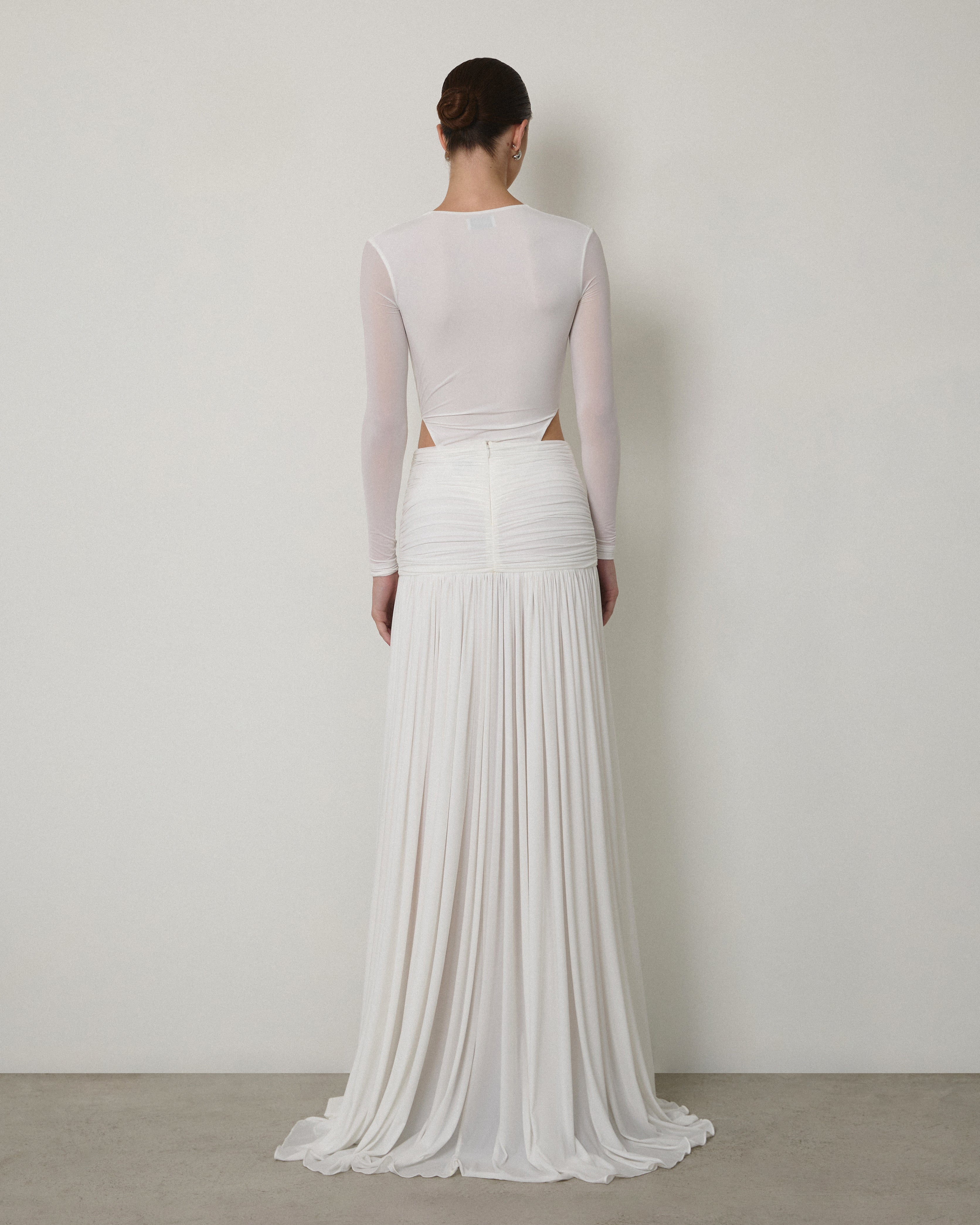 LONG-SLEEVE DRAPED V-NECK MAXI GOWN