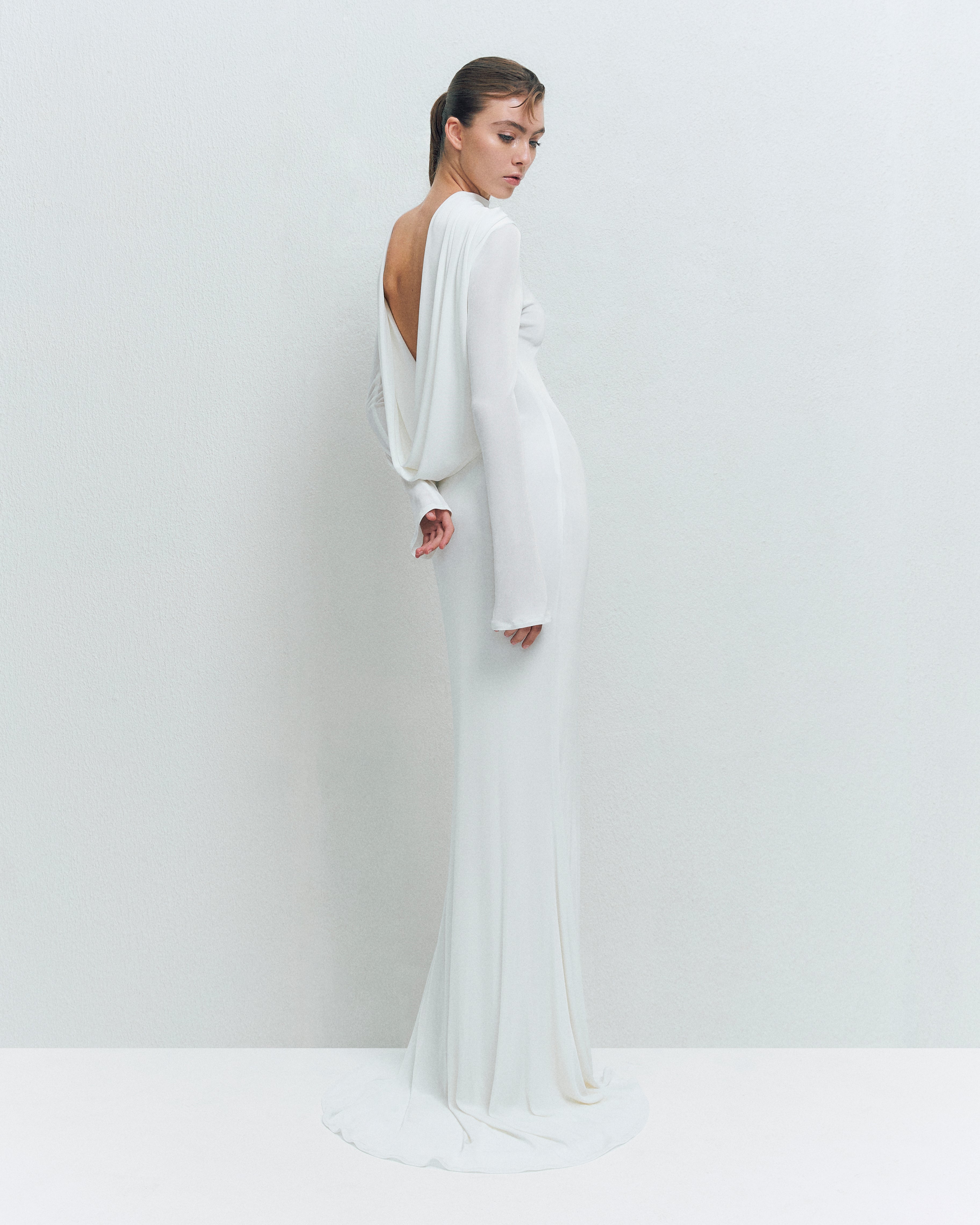 DRAPED BACKLESS JERSEY MAXI DRESS
