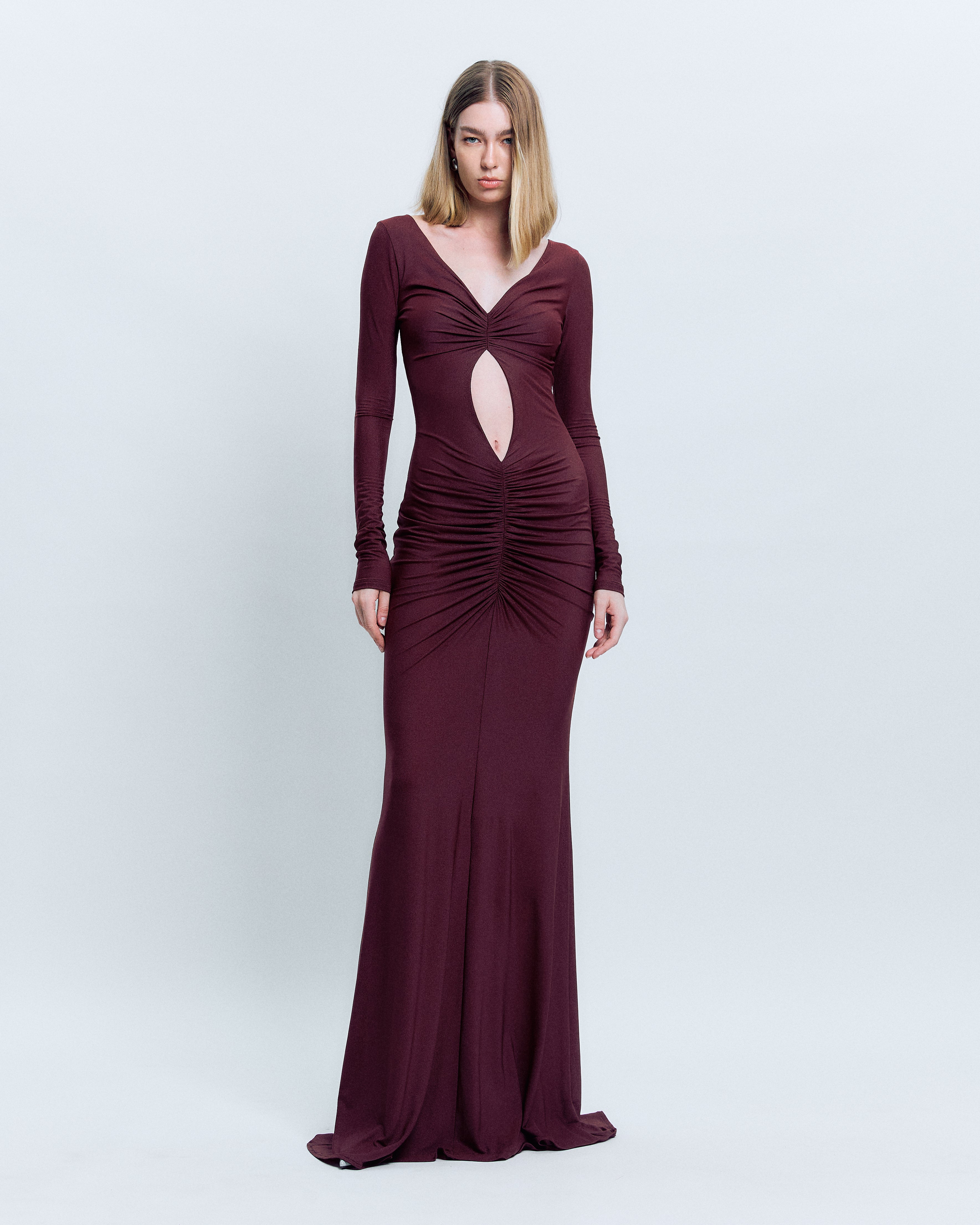 V-NECK RUCHED MAXI DRESS