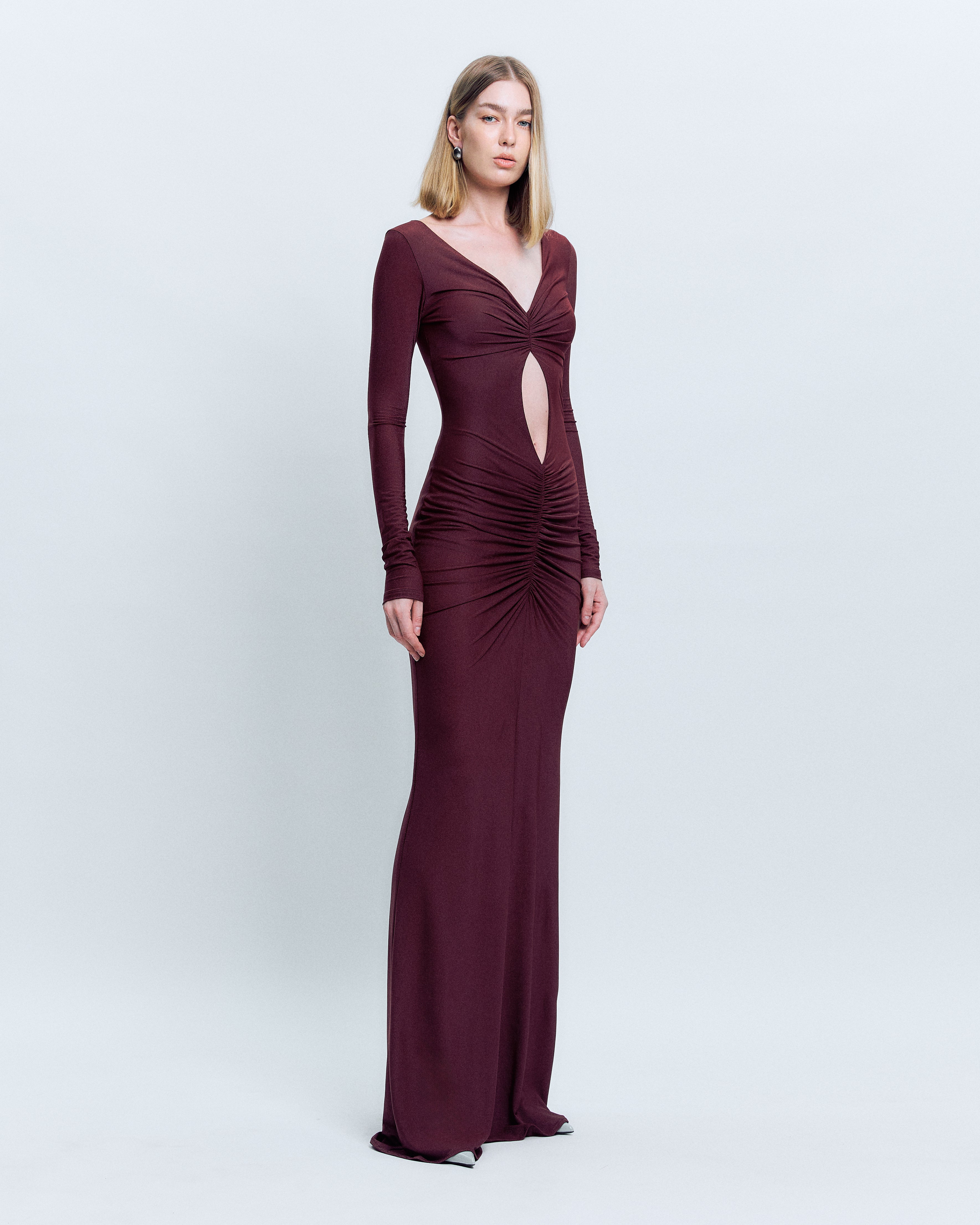 V-NECK RUCHED MAXI DRESS