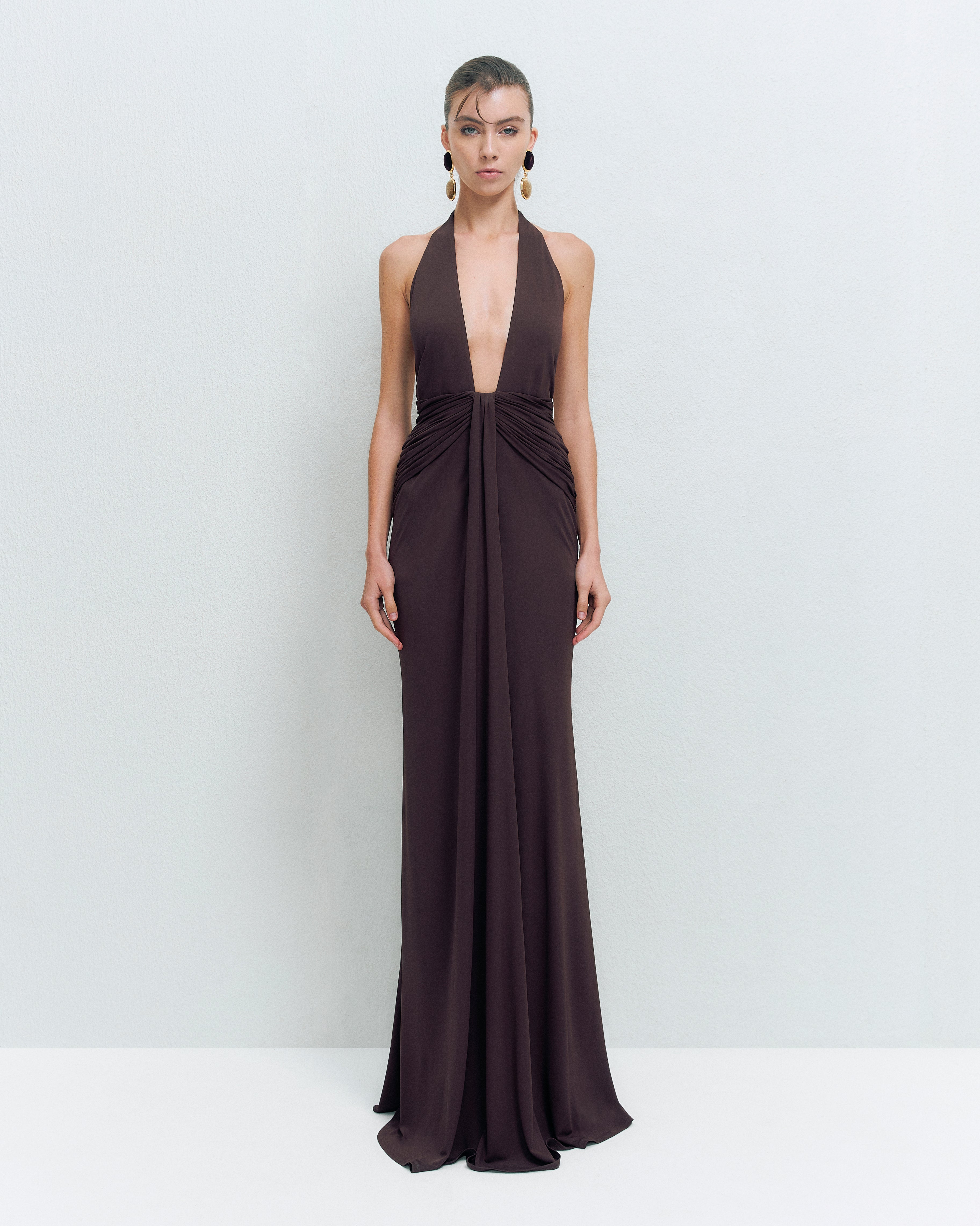 DEEP V-NECK DRAPE MAXI DRESS