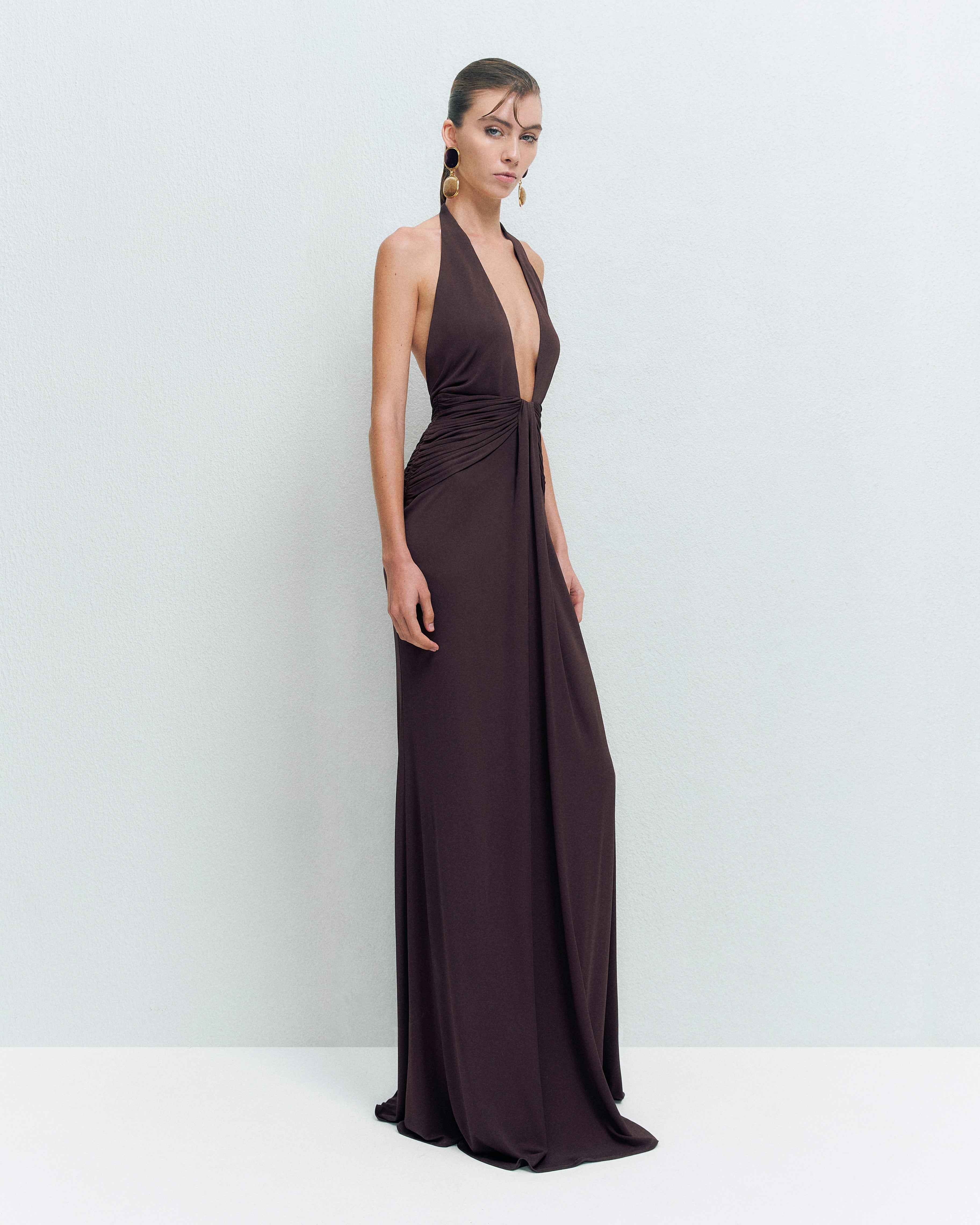DEEP V-NECK DRAPE MAXI DRESS