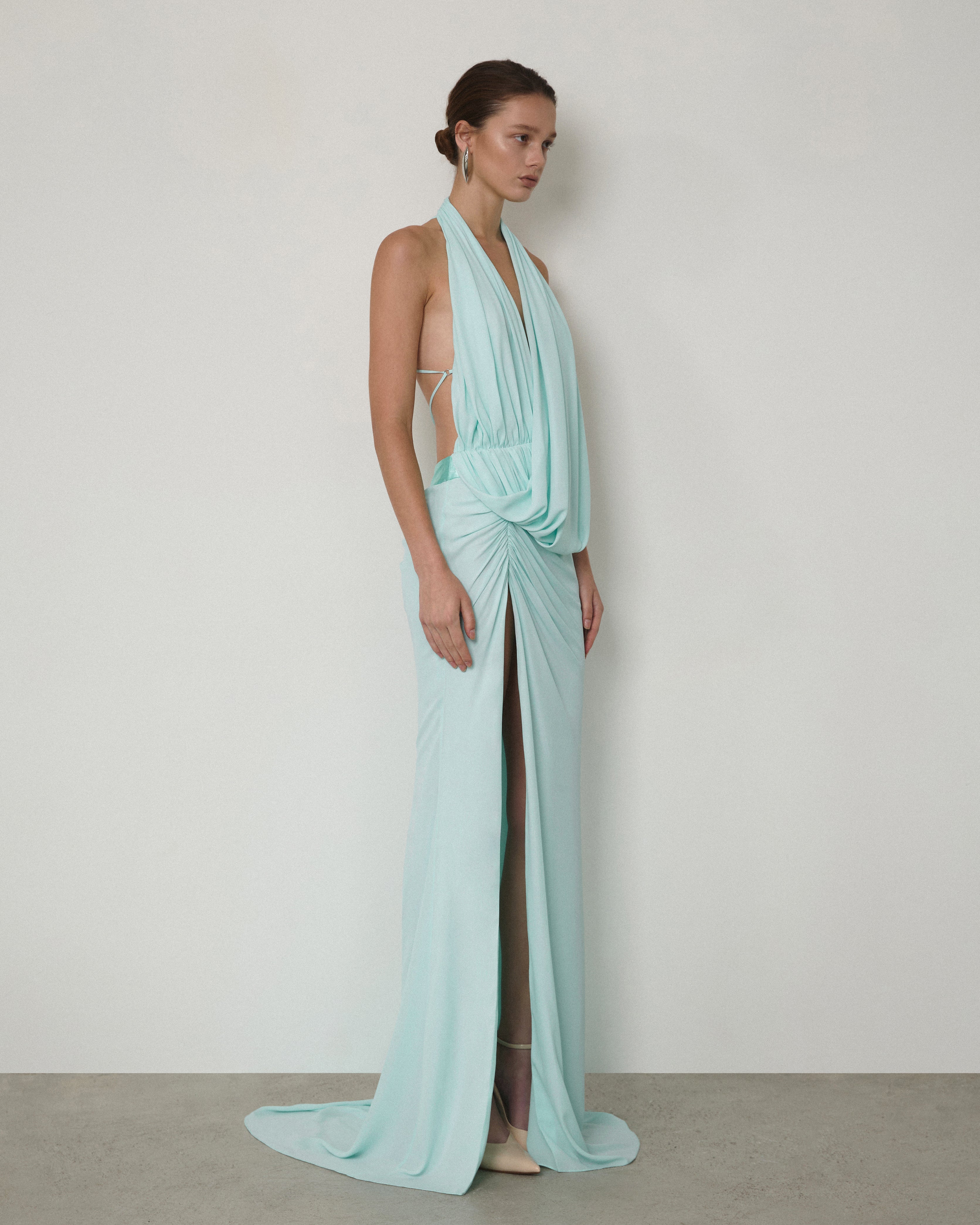 DRAPED SLEEVELESS V-NECK MAXI GOWN