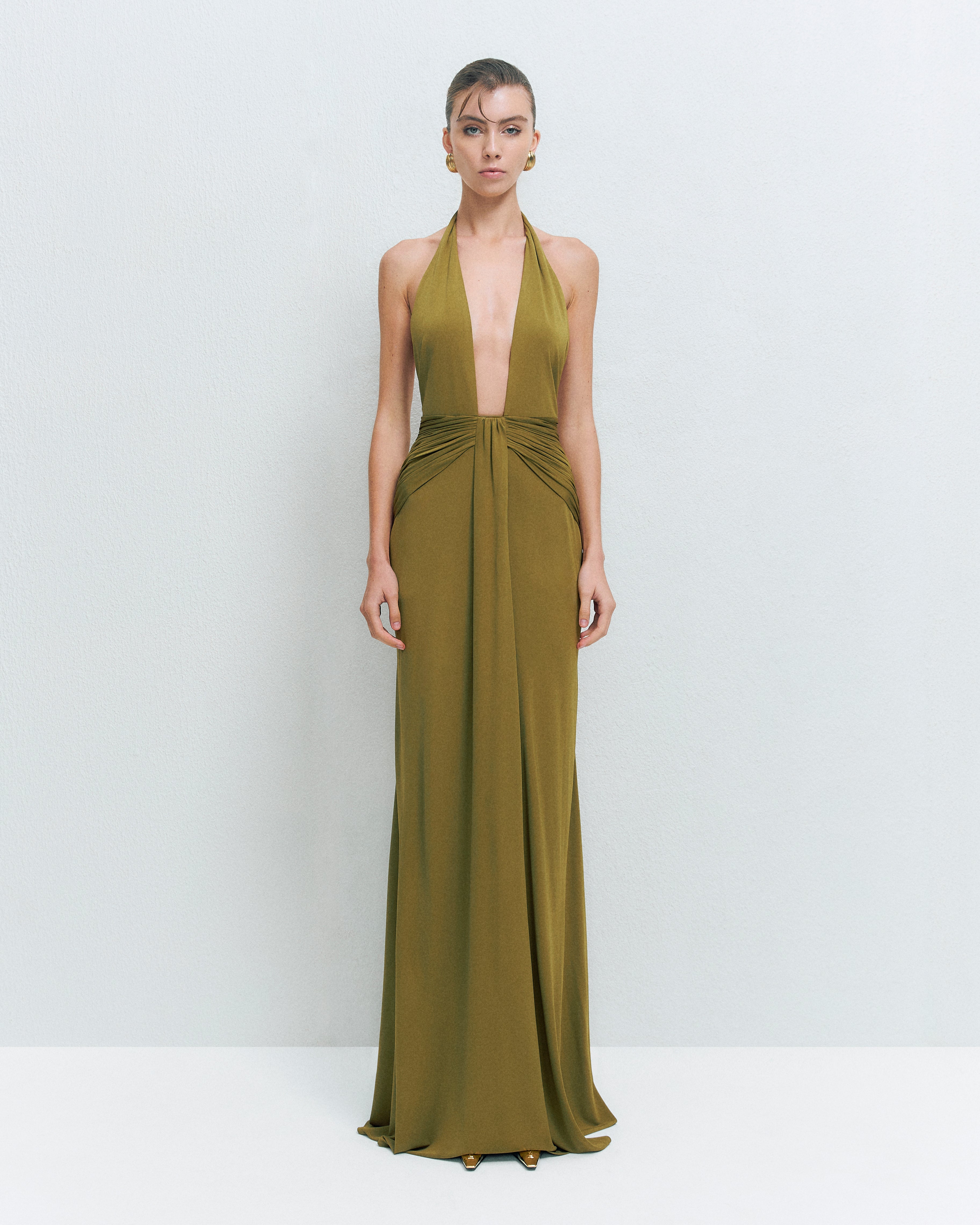 DEEP V-NECK DRAPE MAXI DRESS
