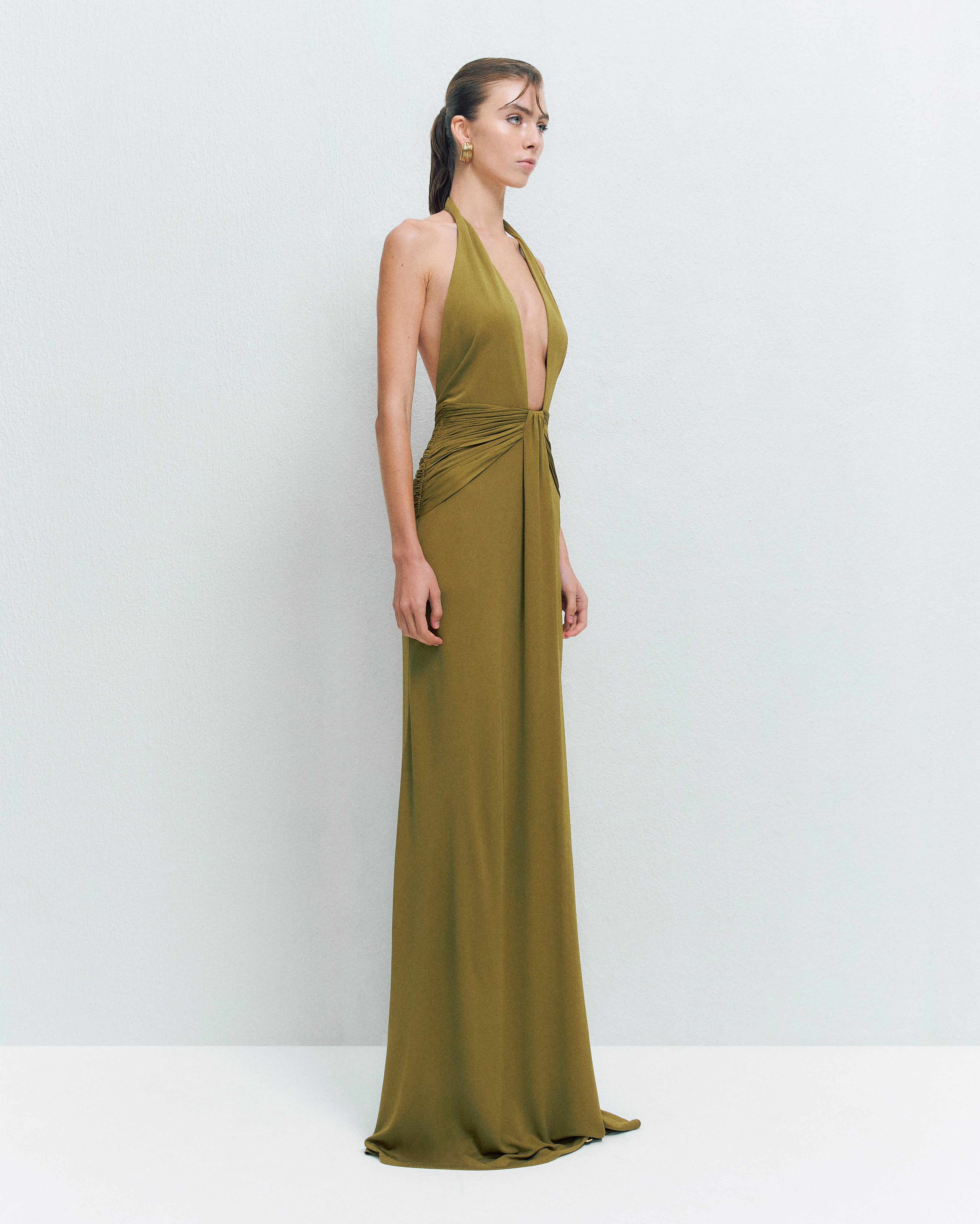 DEEP V-NECK DRAPE MAXI DRESS