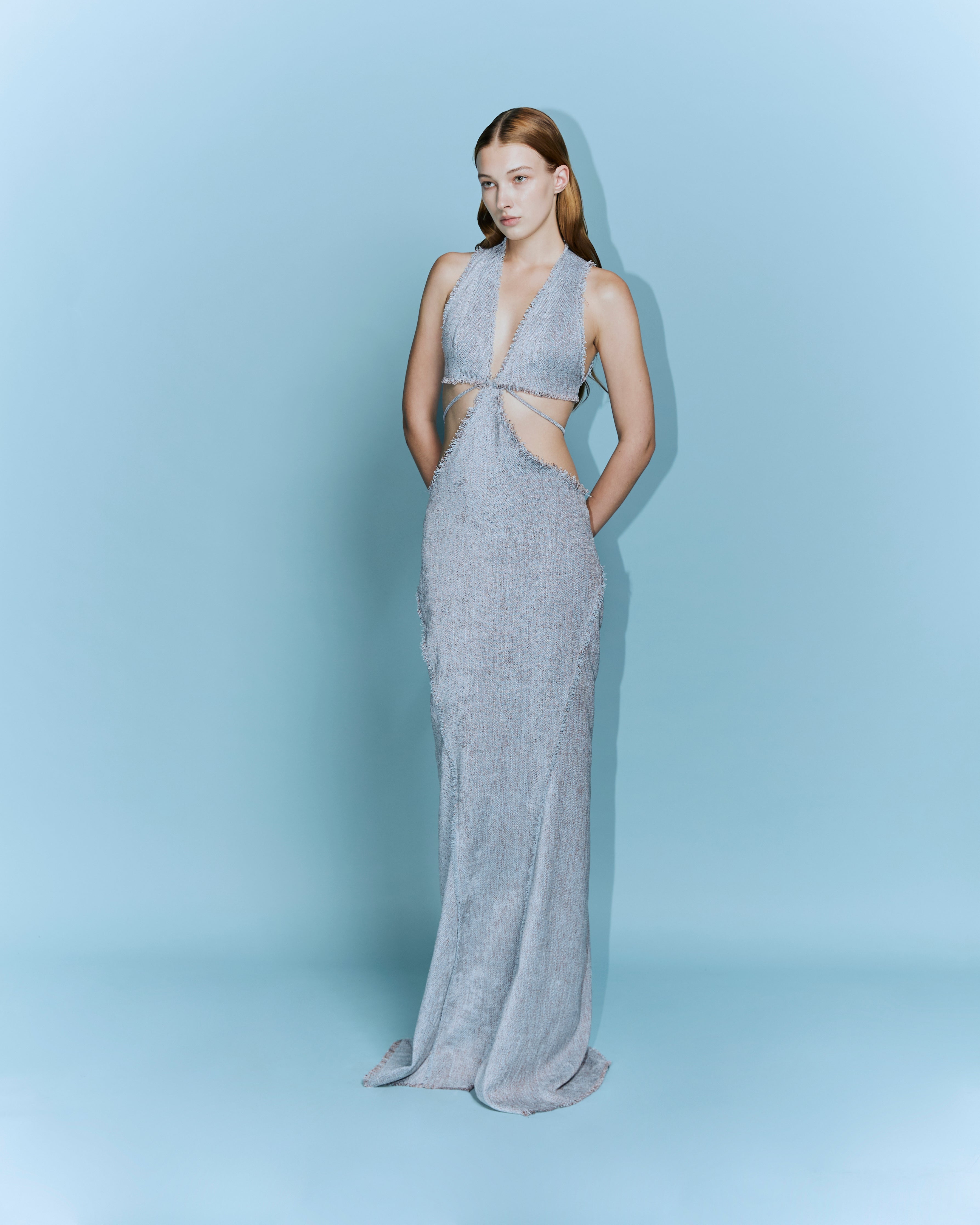 Woven Herringbone V-Midi Dress
