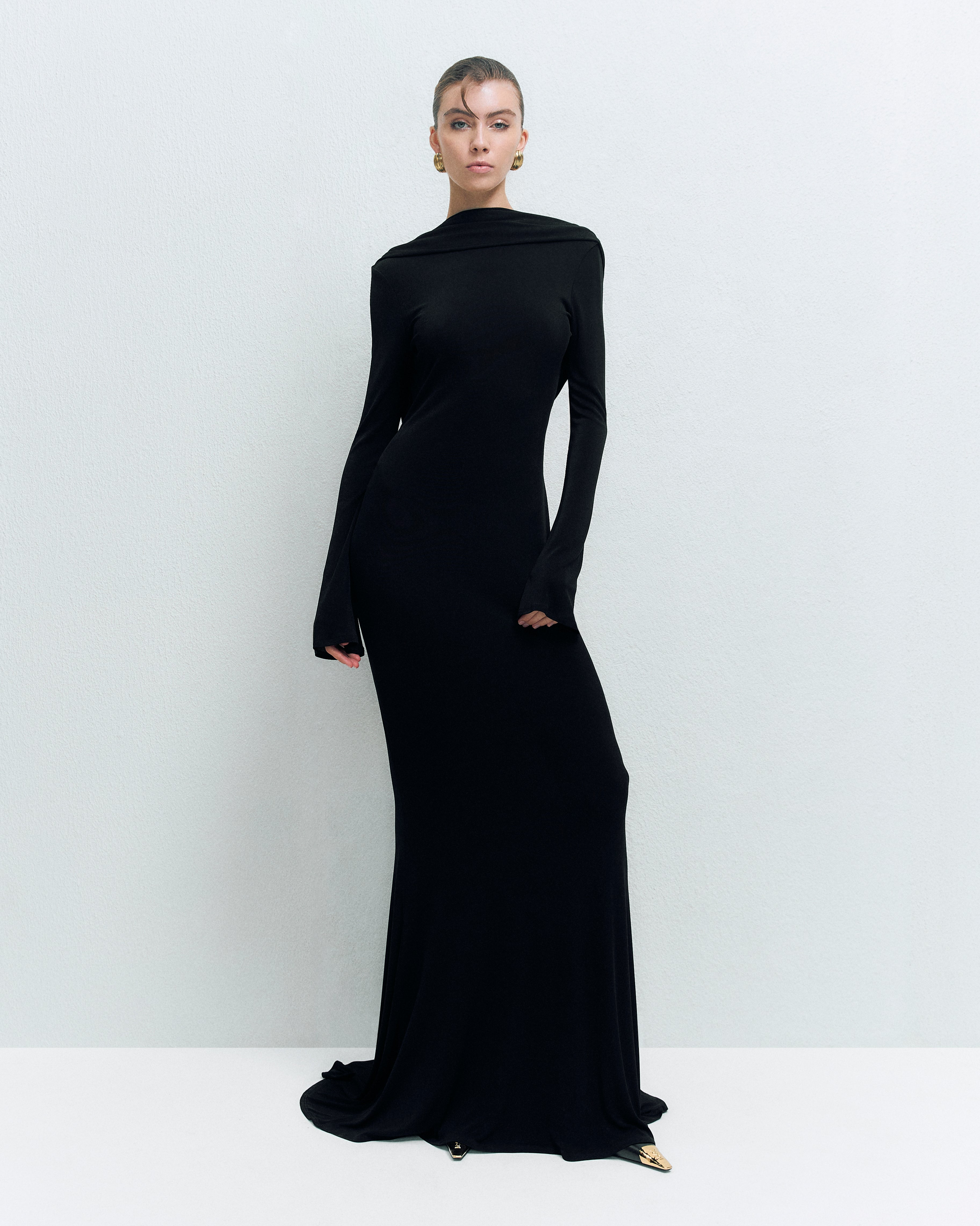 DRAPED BACKLESS JERSEY MAXI DRESS