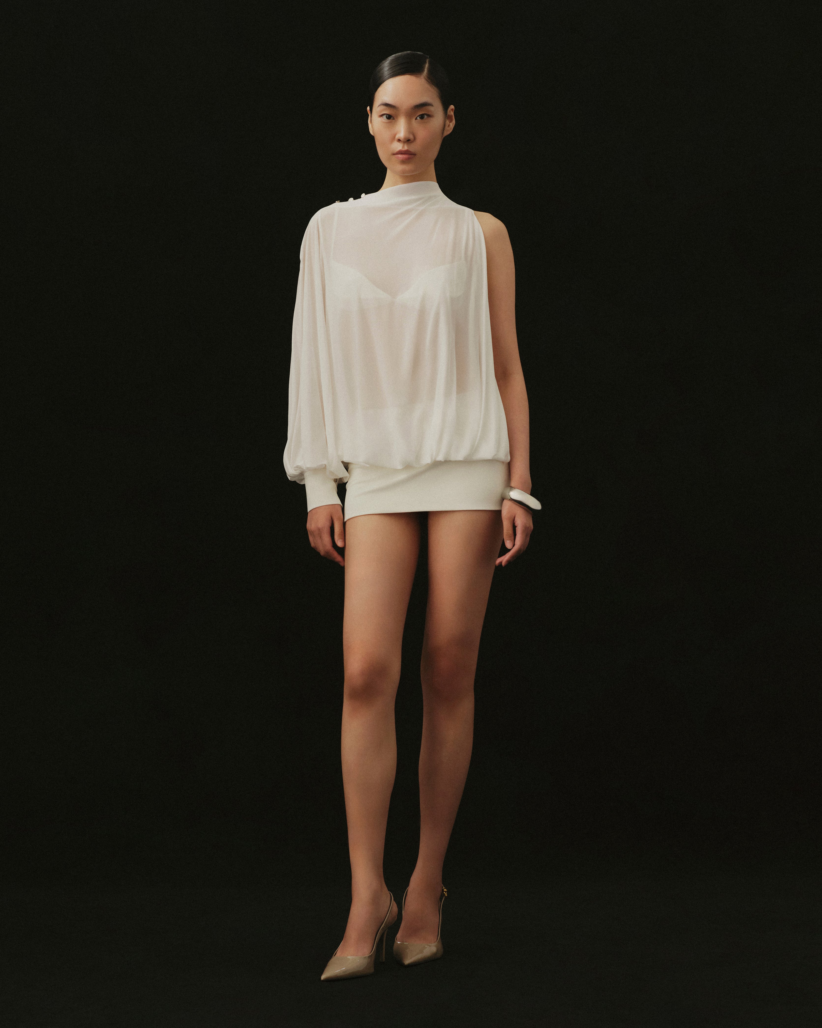 SHEER DRAPE MINI DRESS