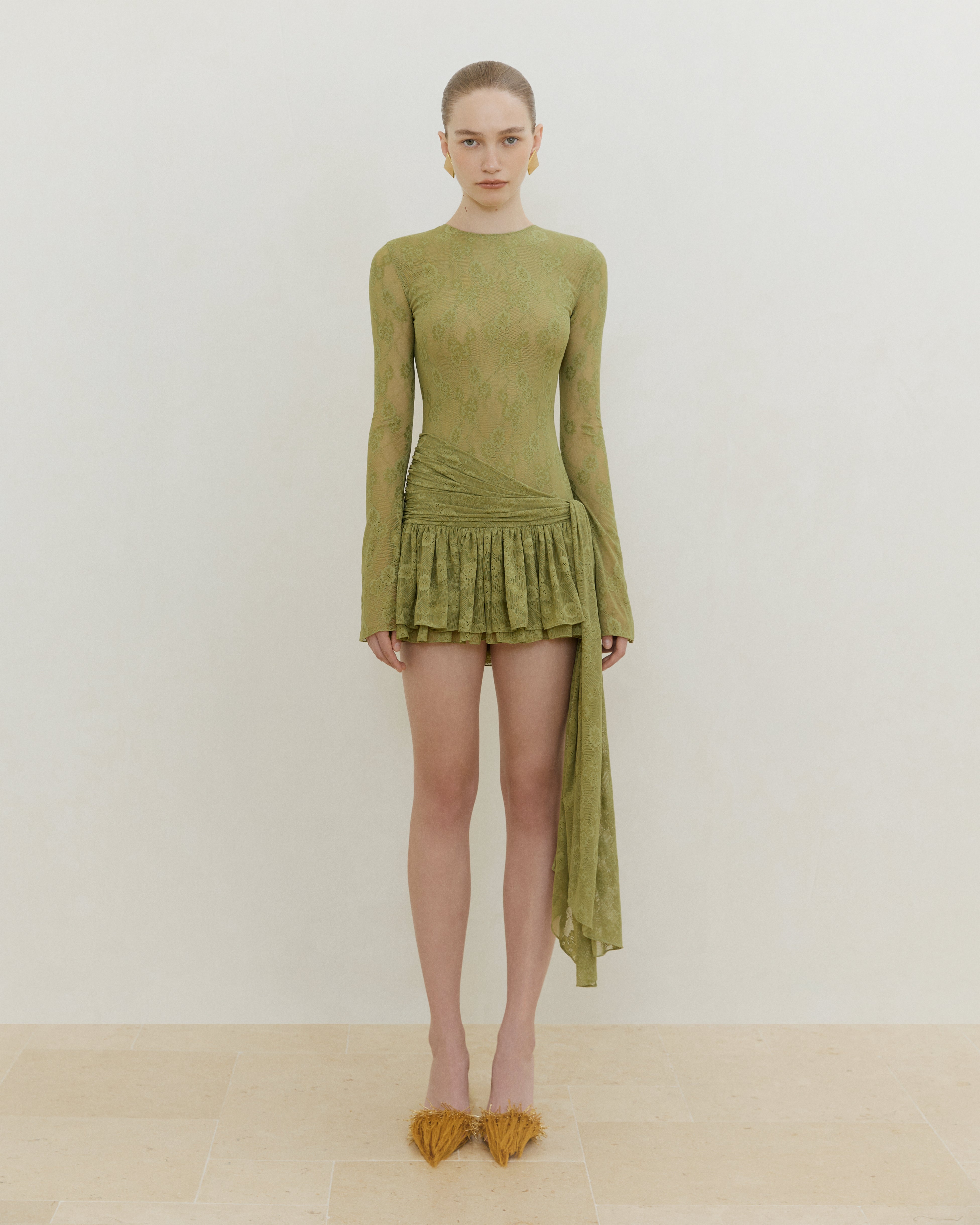 JERSEY LACE DRAPED MINI DRESS