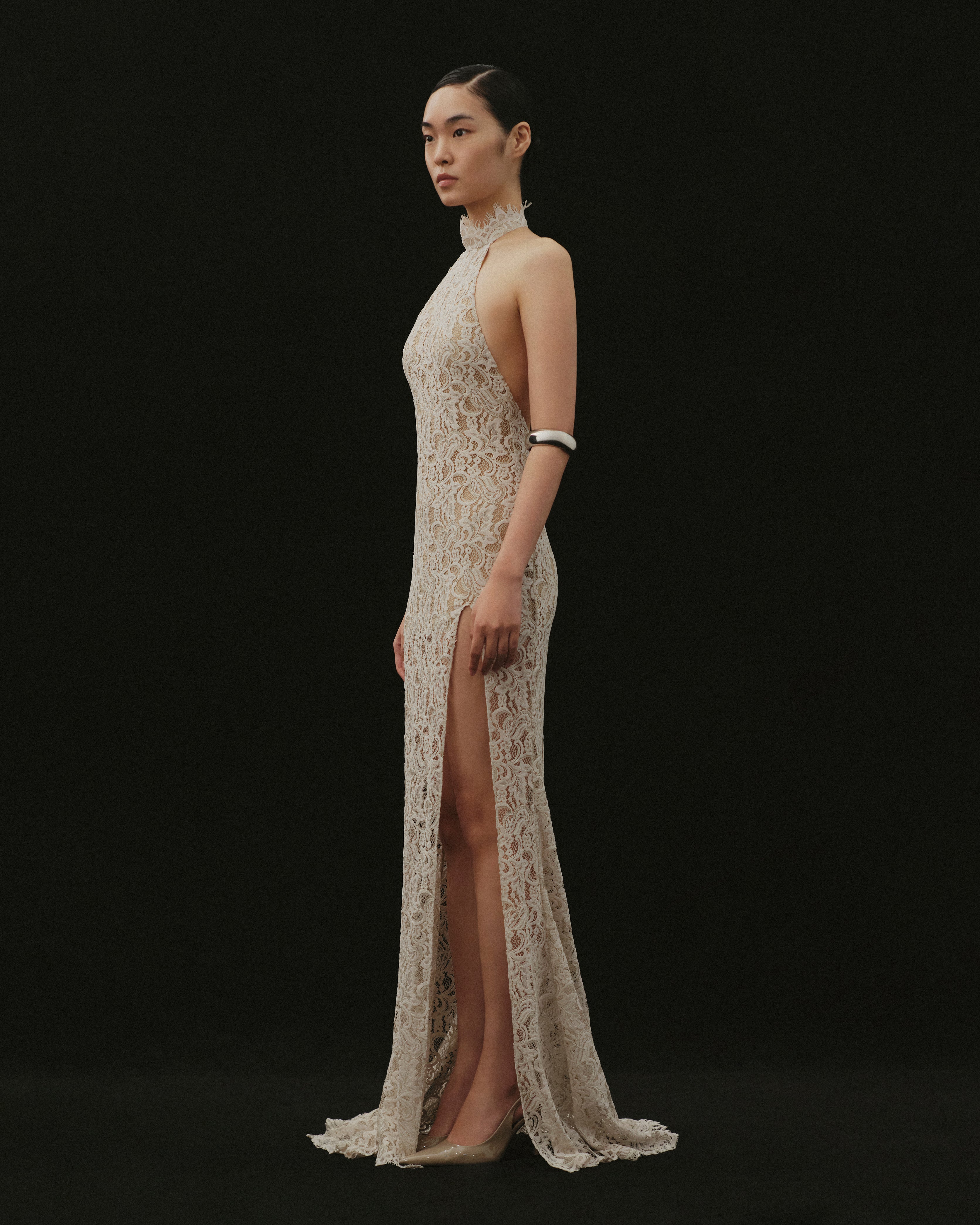 LACE HALTER SLIT DRESS