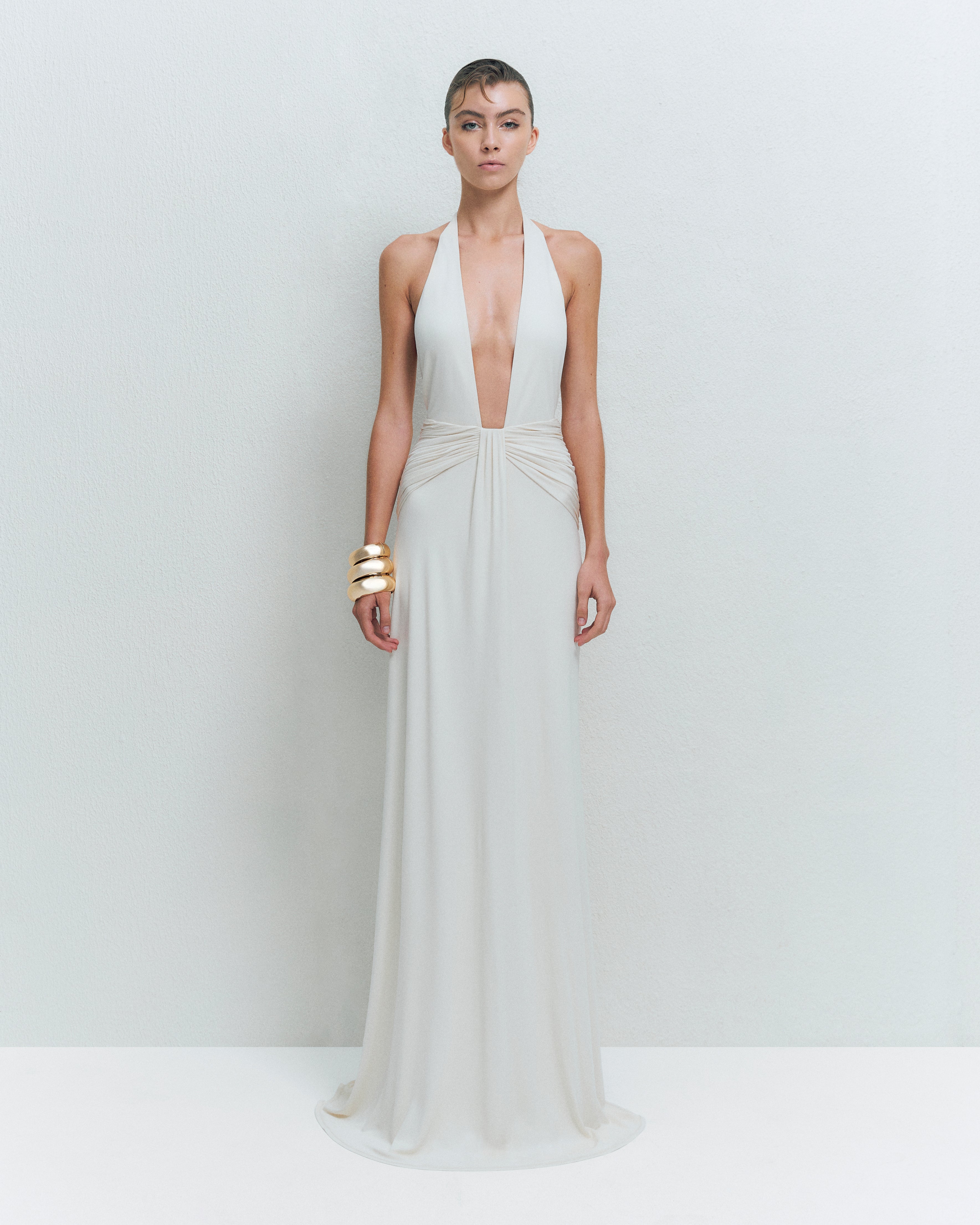 DEEP V-NECK DRAPE MAXI DRESS