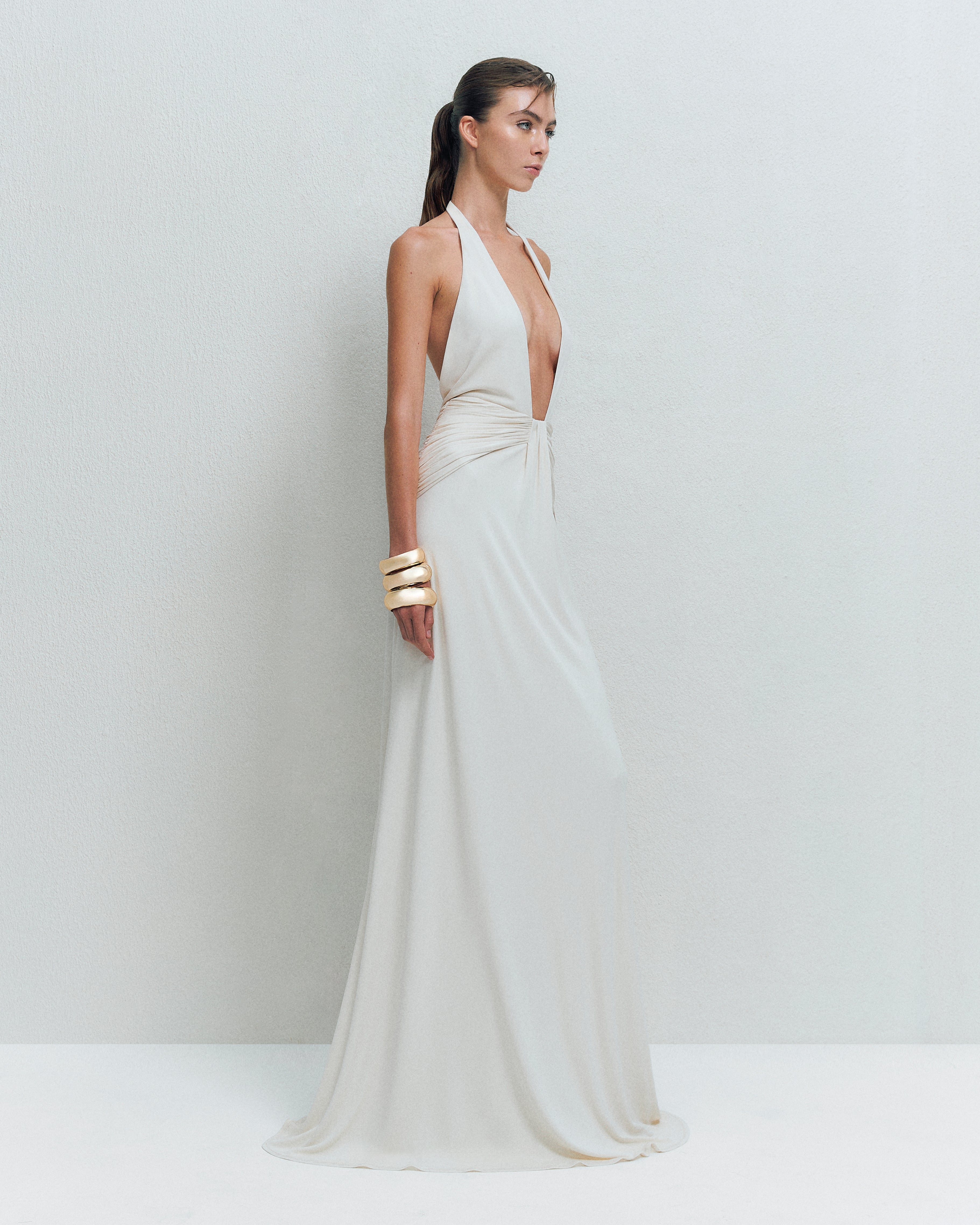 DEEP V-NECK DRAPE MAXI DRESS