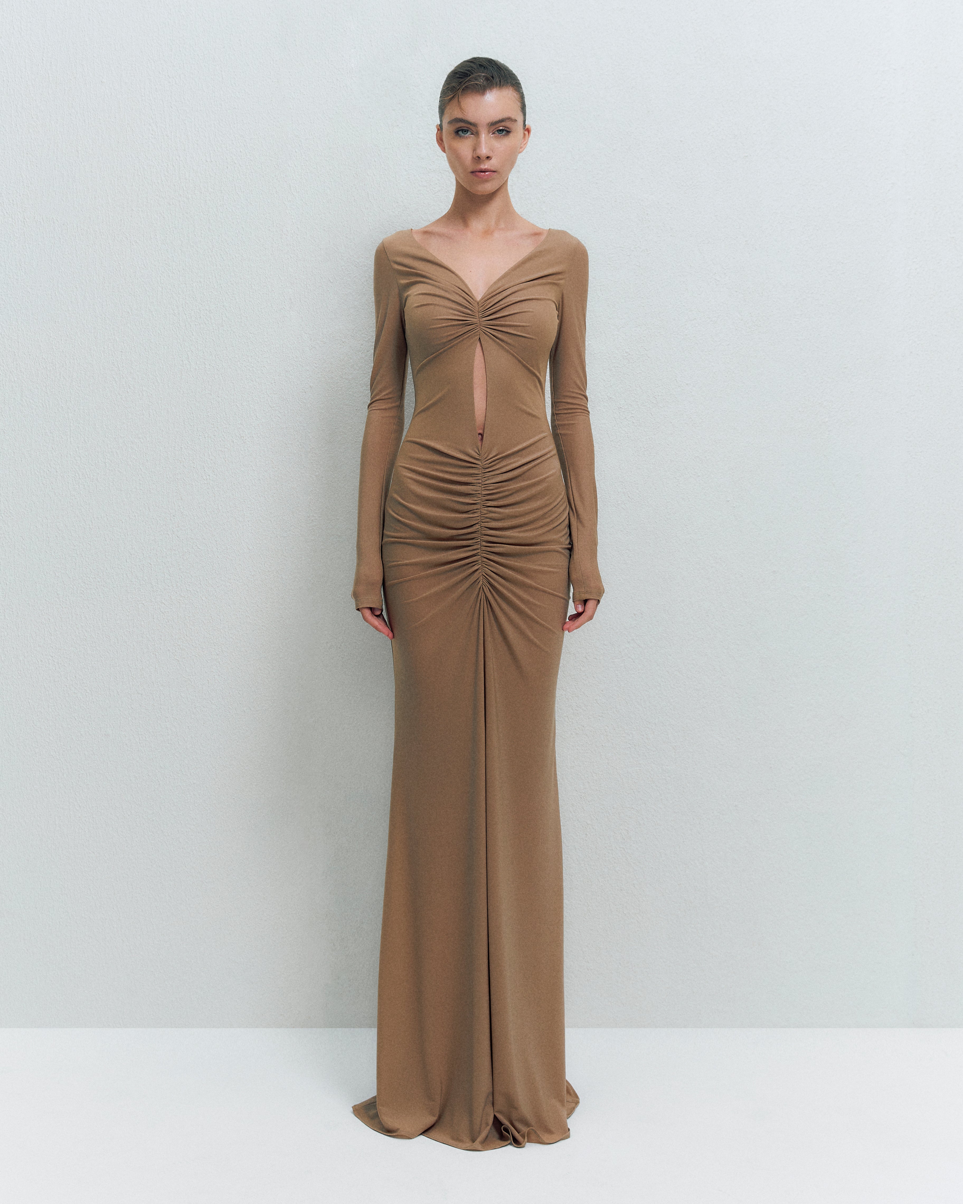 V-NECK RUCHED MAXI DRESS