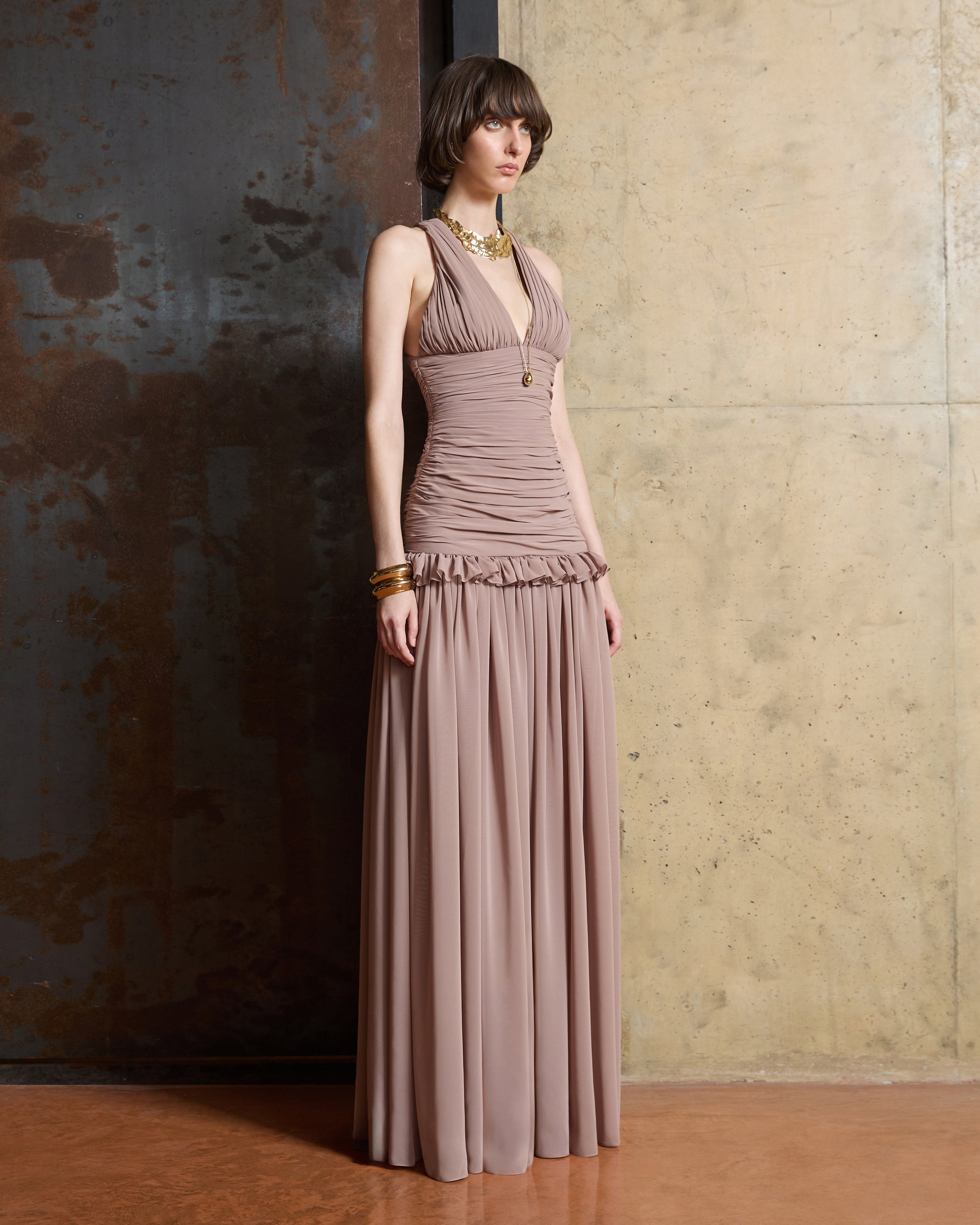 V NECK DRAPED DRESS
