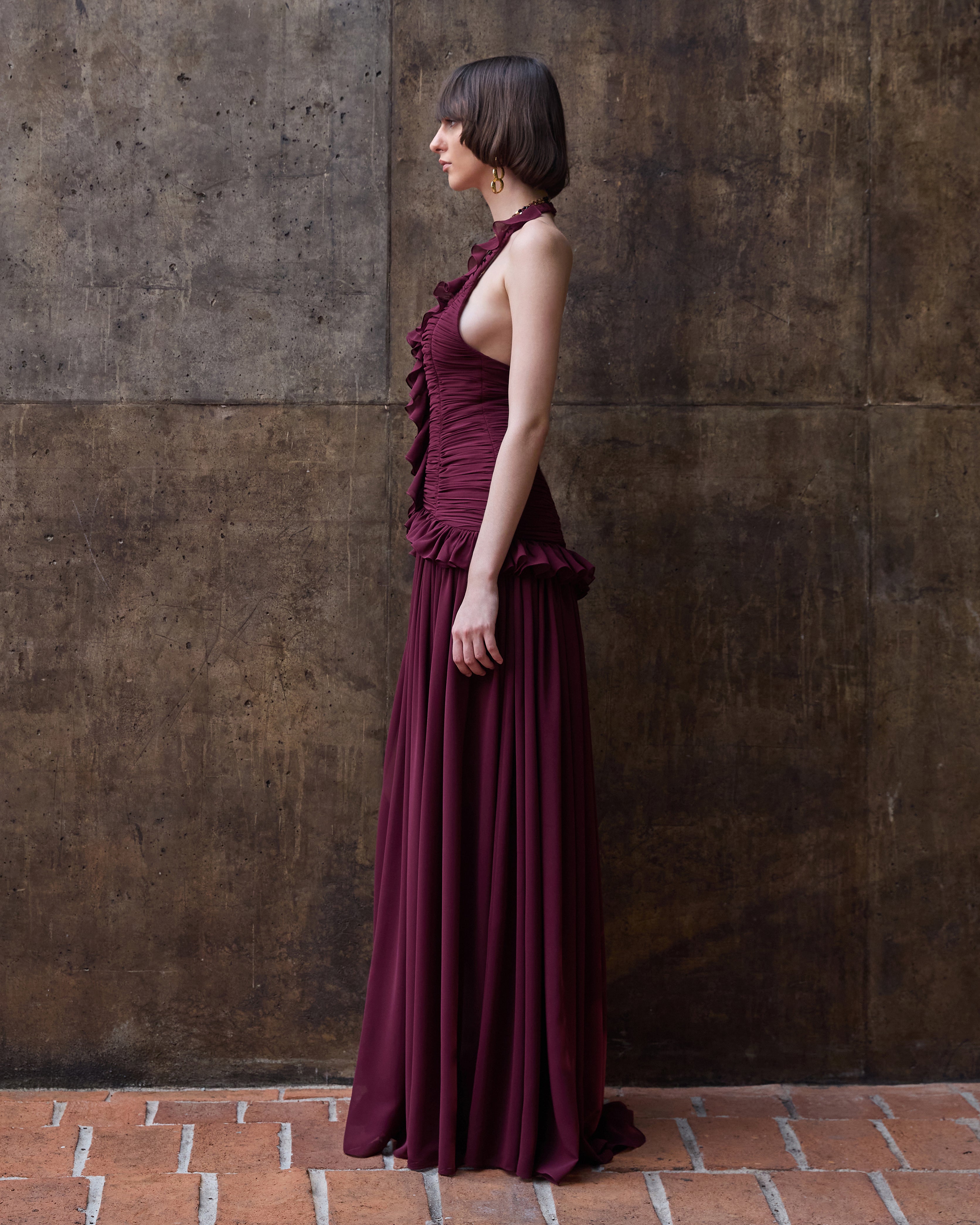 SQUARE HALTER NECK RUFFLED DRAPED DRESS