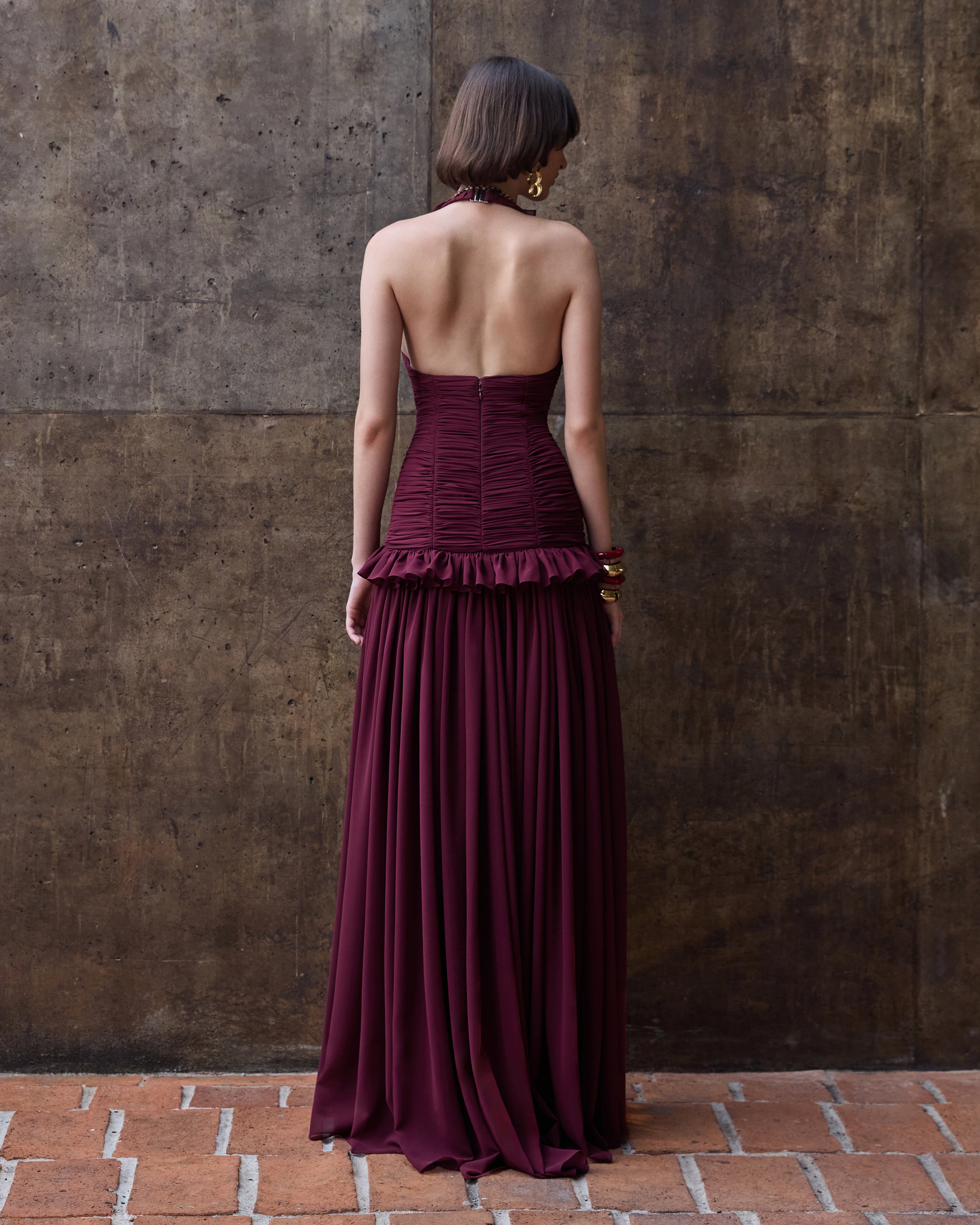 SQUARE HALTER NECK RUFFLED DRAPED DRESS