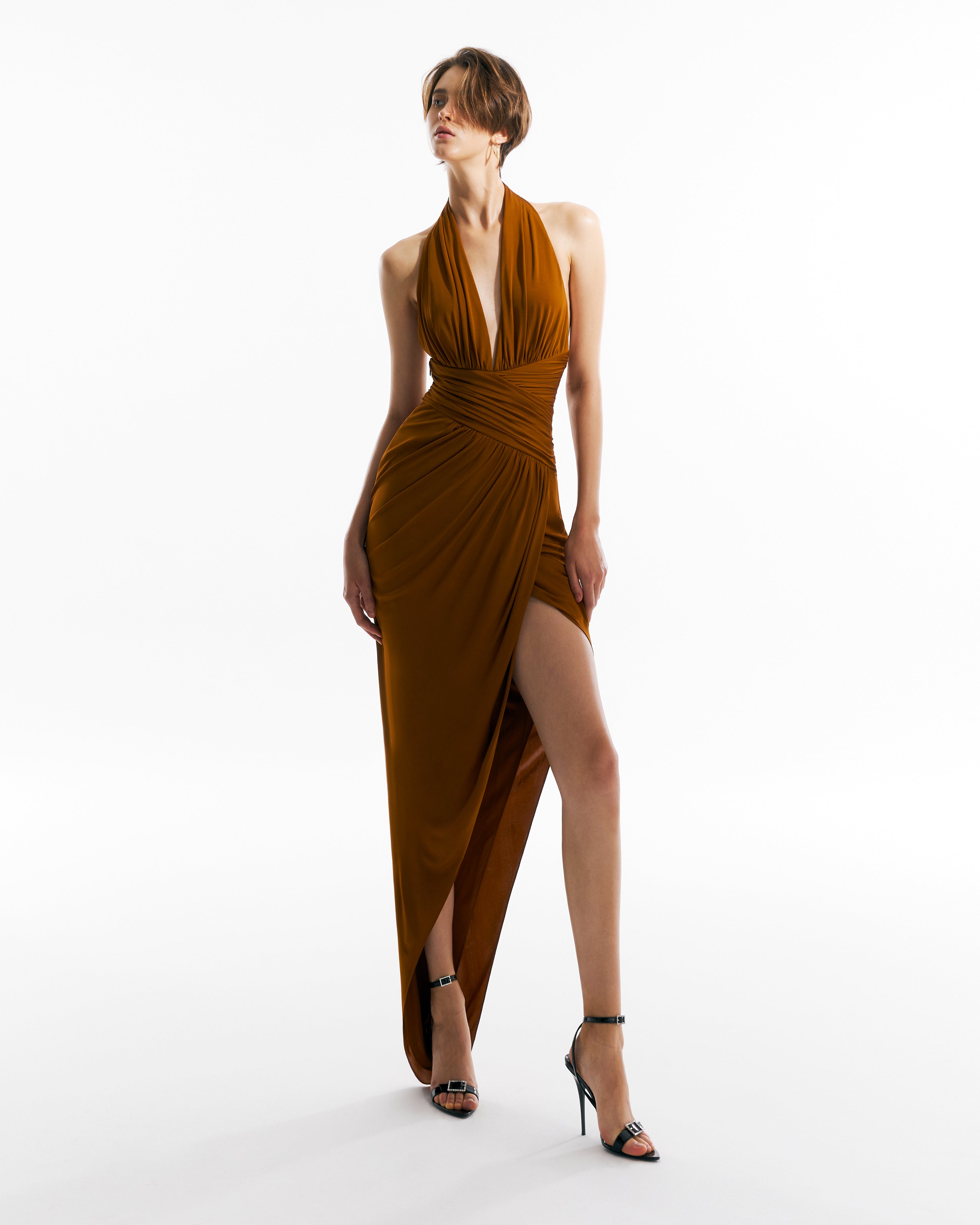 Stretch Rayon Draped Open-back Gown