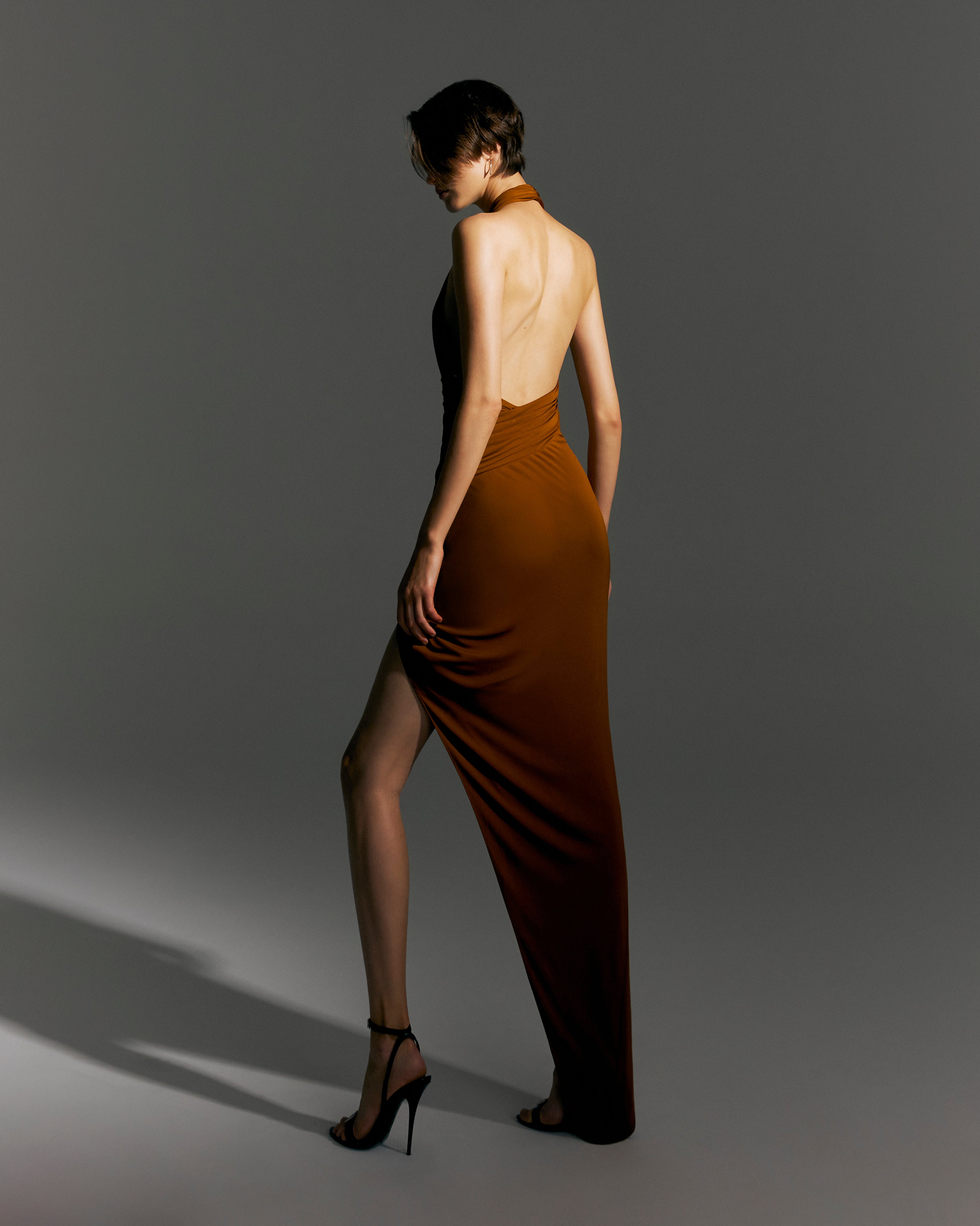 Stretch Rayon Draped Open-back Gown