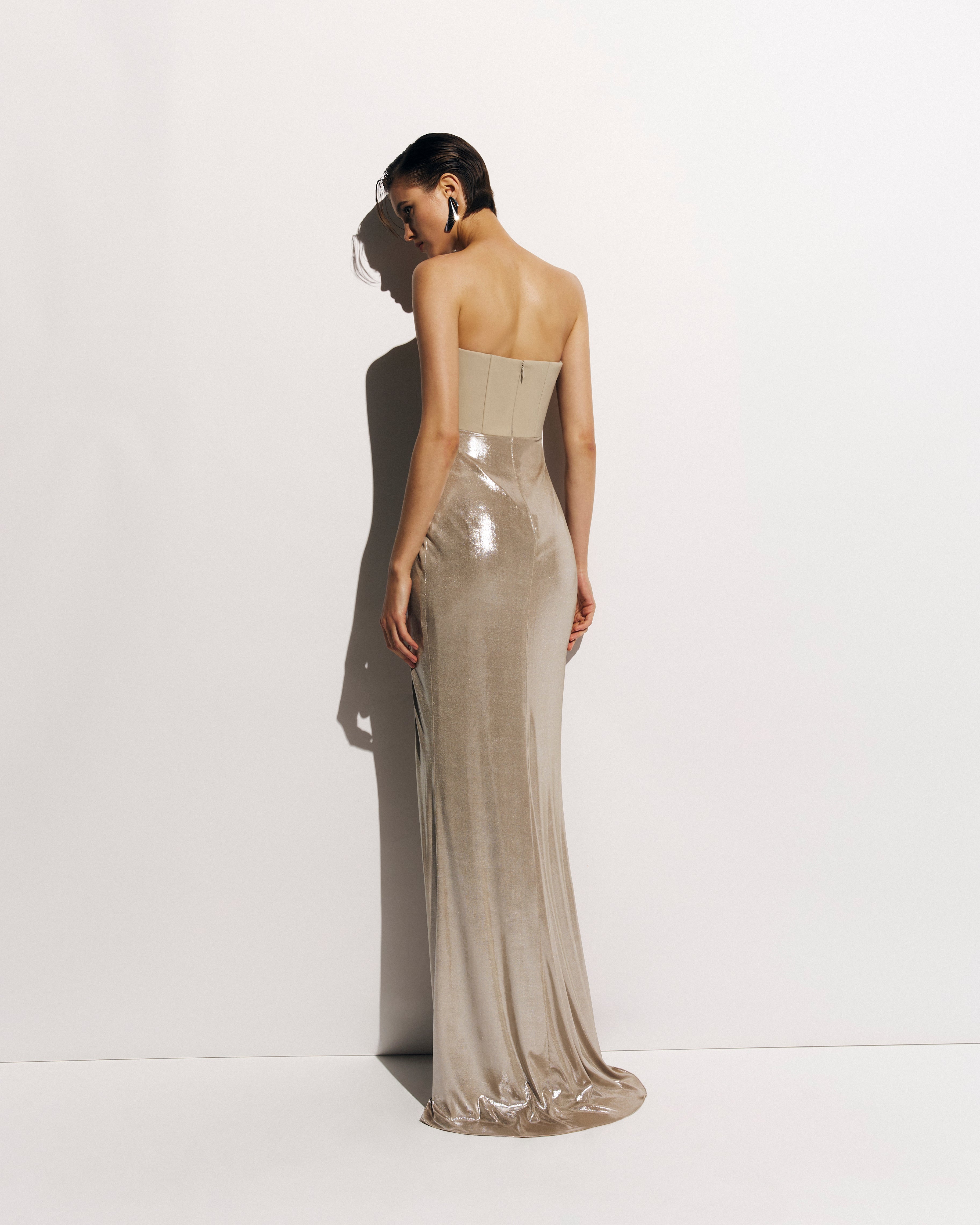 Crepe and Glittering Jersey Corset Draped Gown