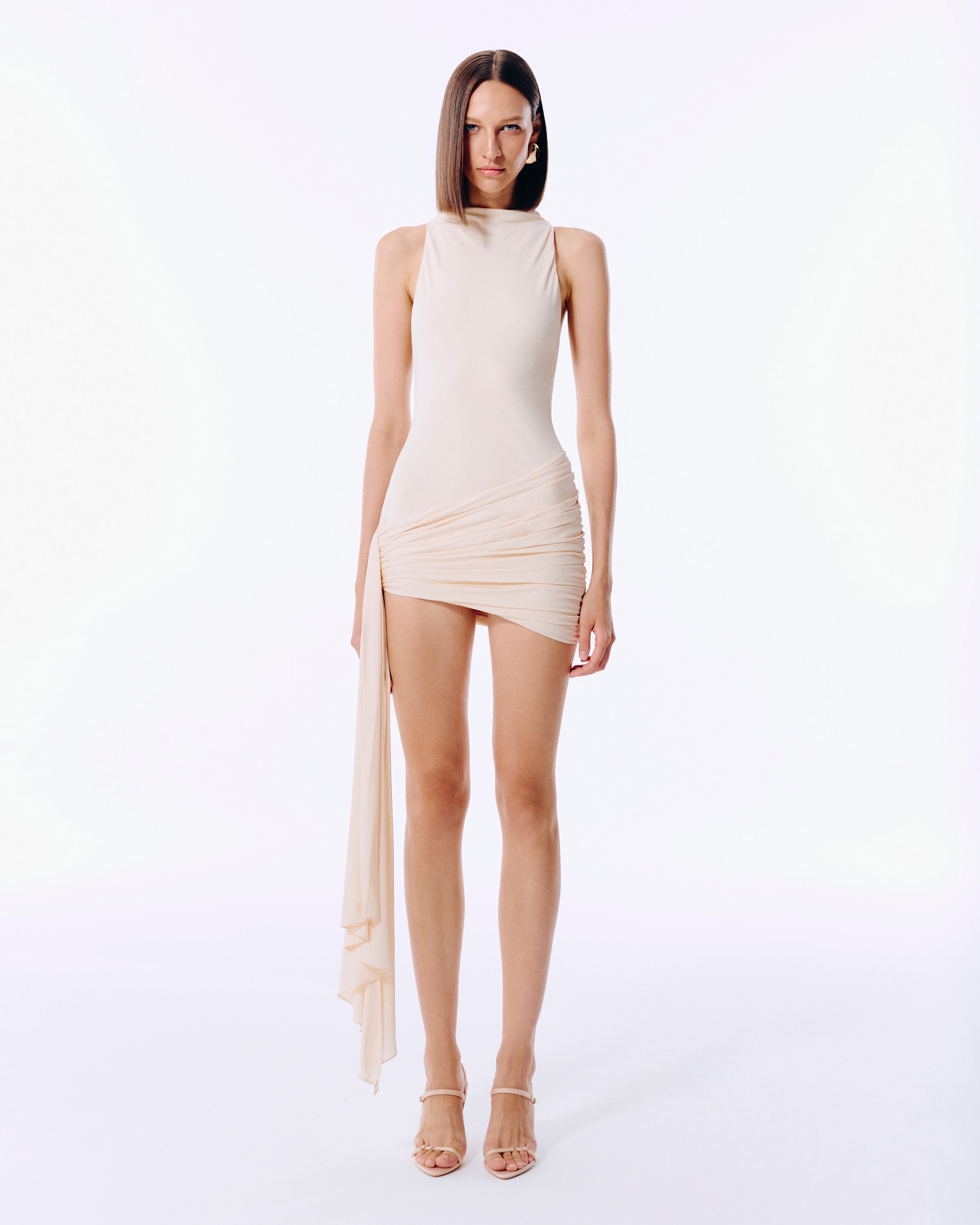 HALTER NECK DRAPED MINI DRESS