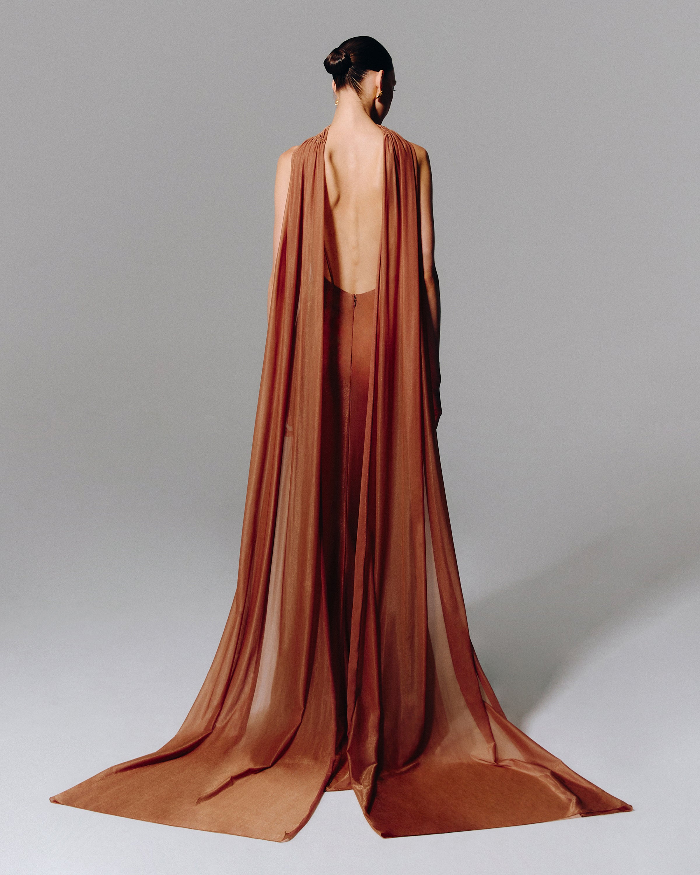 OPEN BACK METALLIC CHIFFON SILK SCARF GOWN