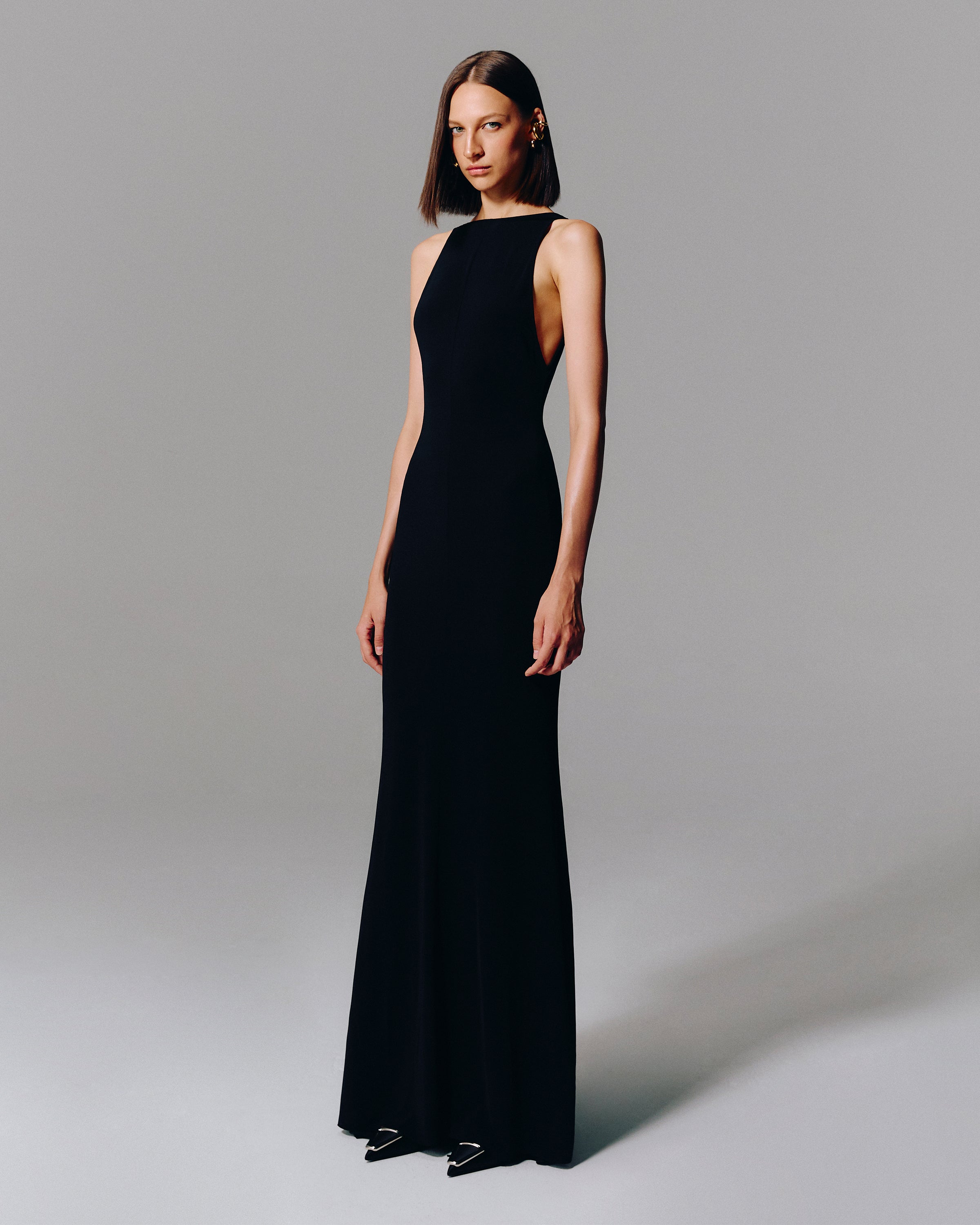 OPEN BACK HALTER NECK BLACK MAXI DRESS