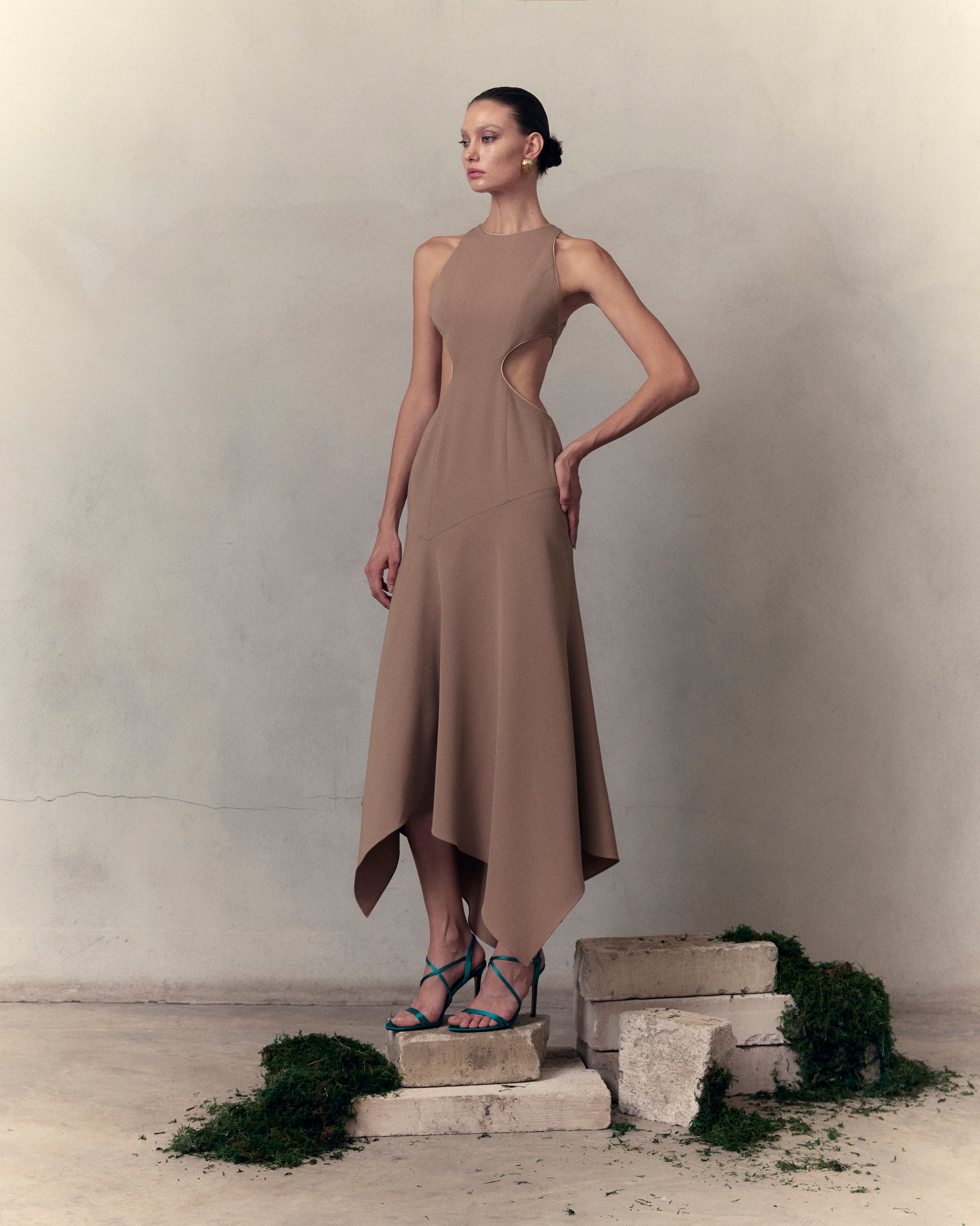 Rayon-Twill Cutout Asymmetric Dress