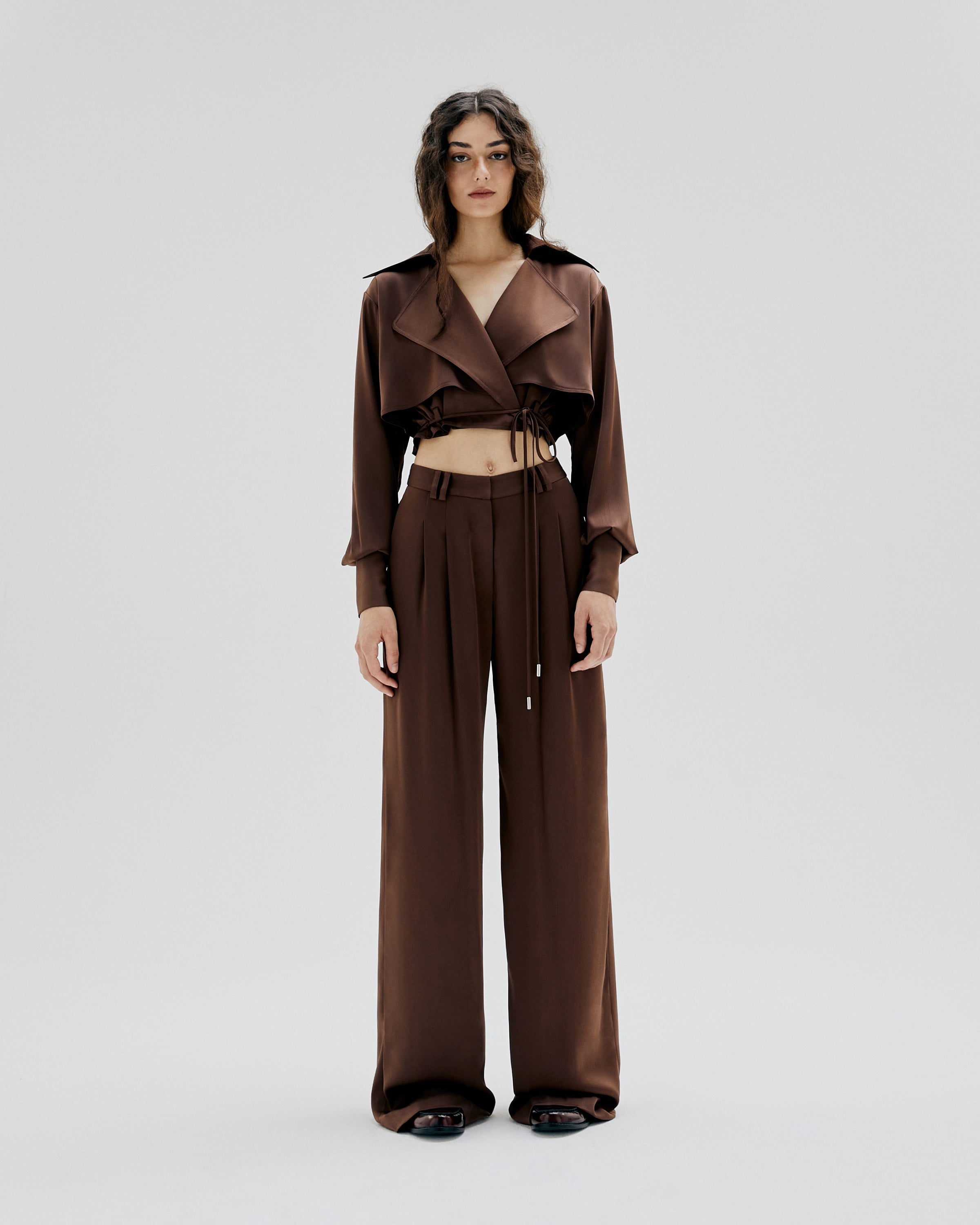 TWILL PLEATED FLANNLE WIDE-LEG PANTS