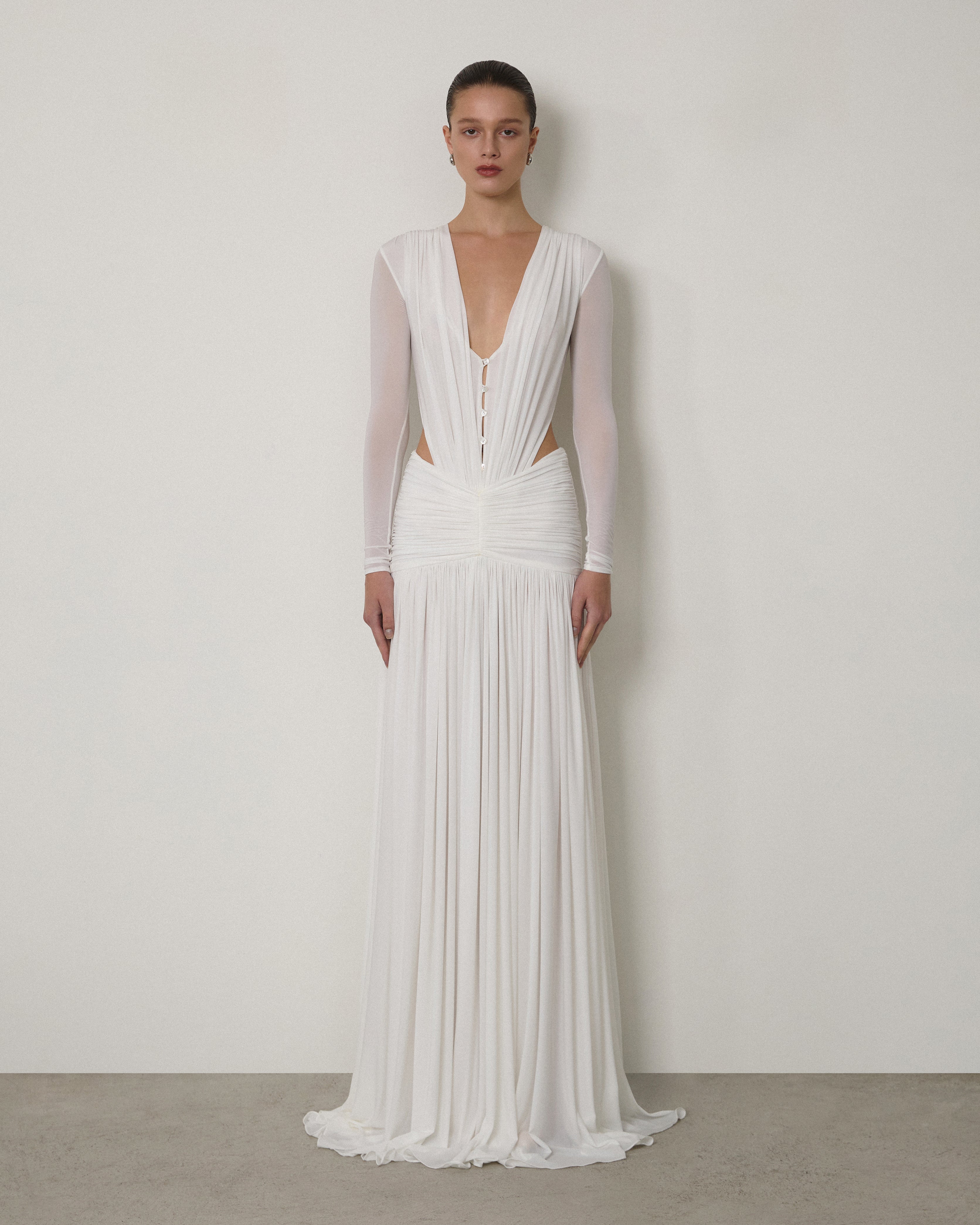 LONG-SLEEVE DRAPED V-NECK MAXI GOWN