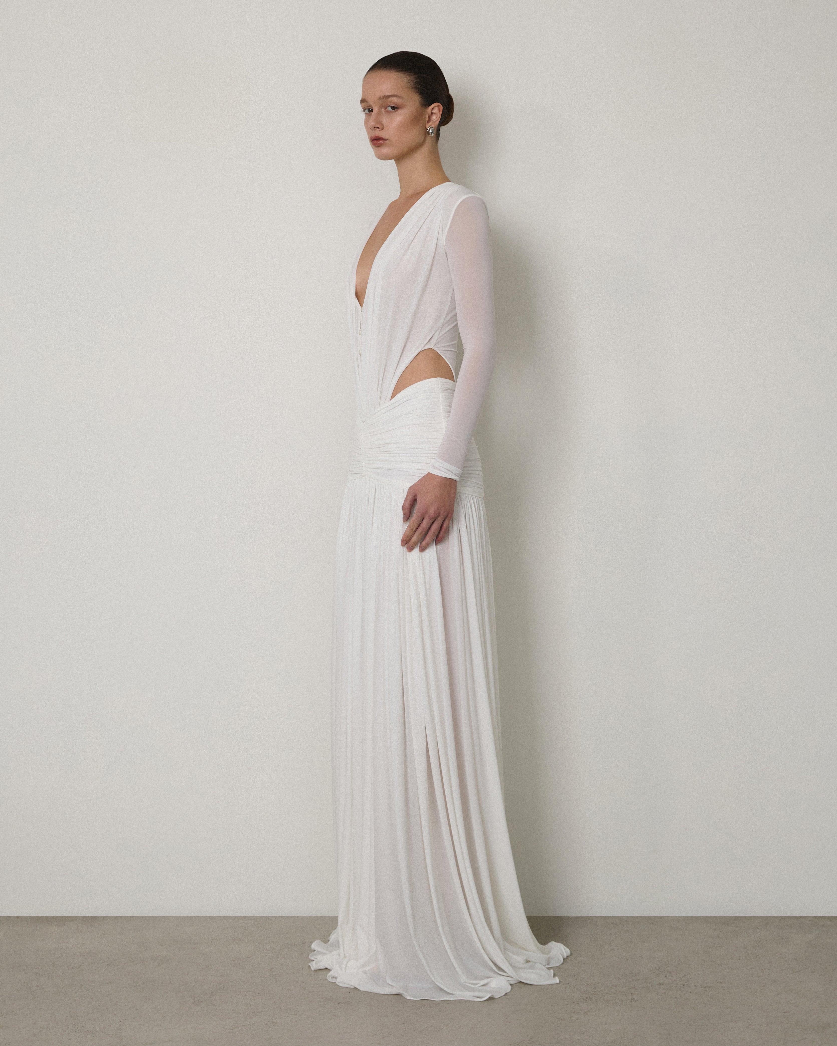 LONG-SLEEVE DRAPED V-NECK MAXI GOWN