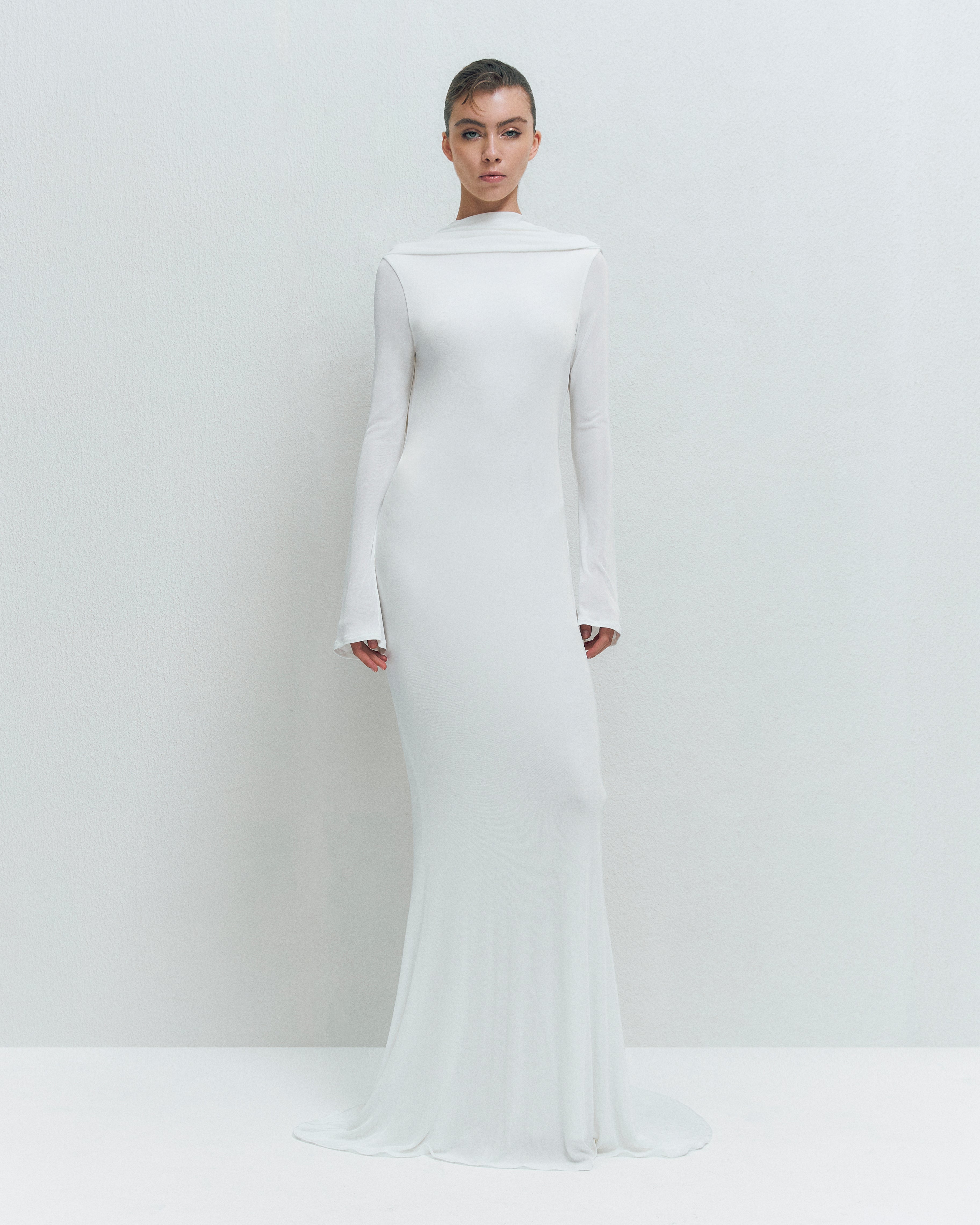 DRAPED BACKLESS JERSEY MAXI DRESS
