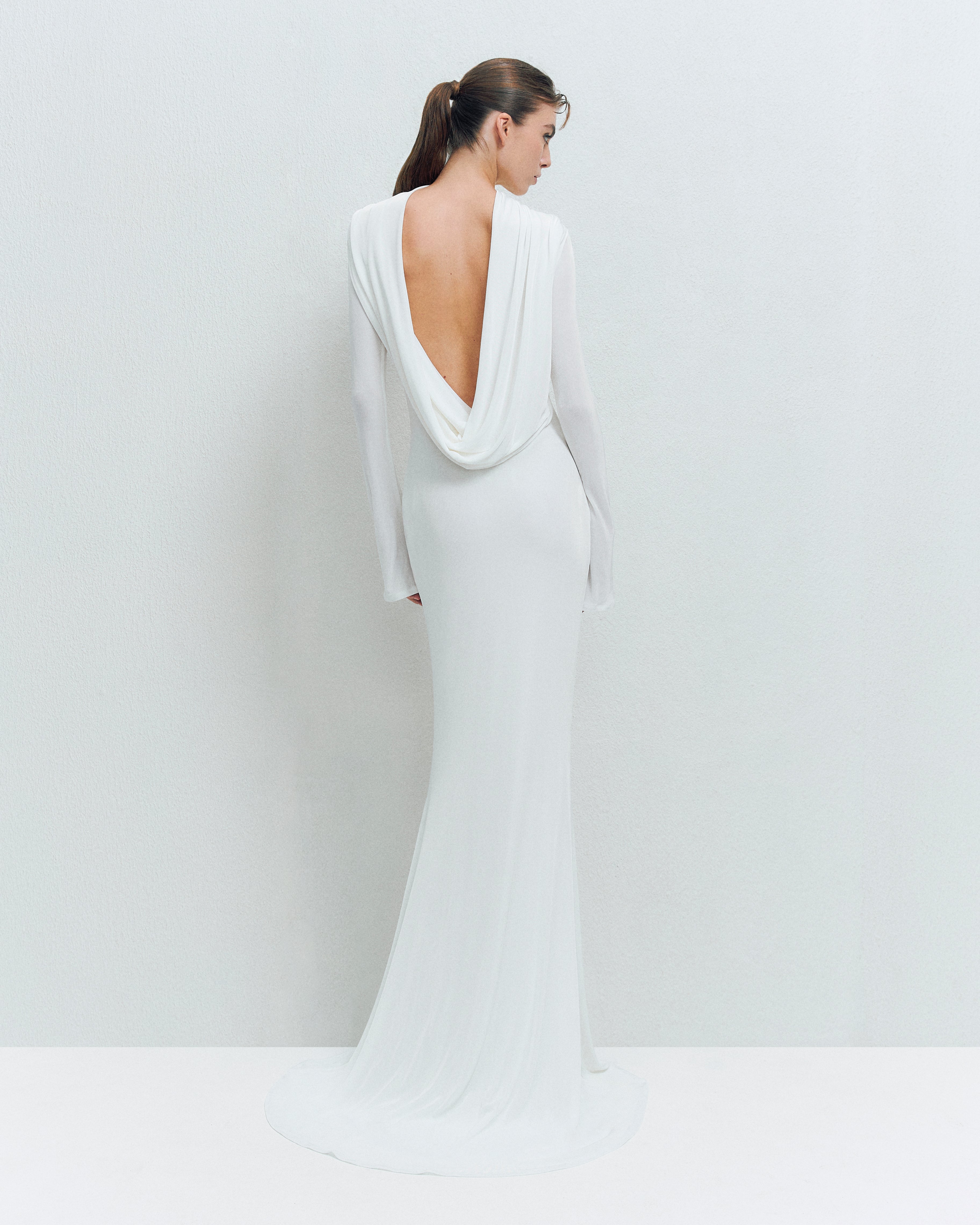 DRAPED BACKLESS JERSEY MAXI DRESS