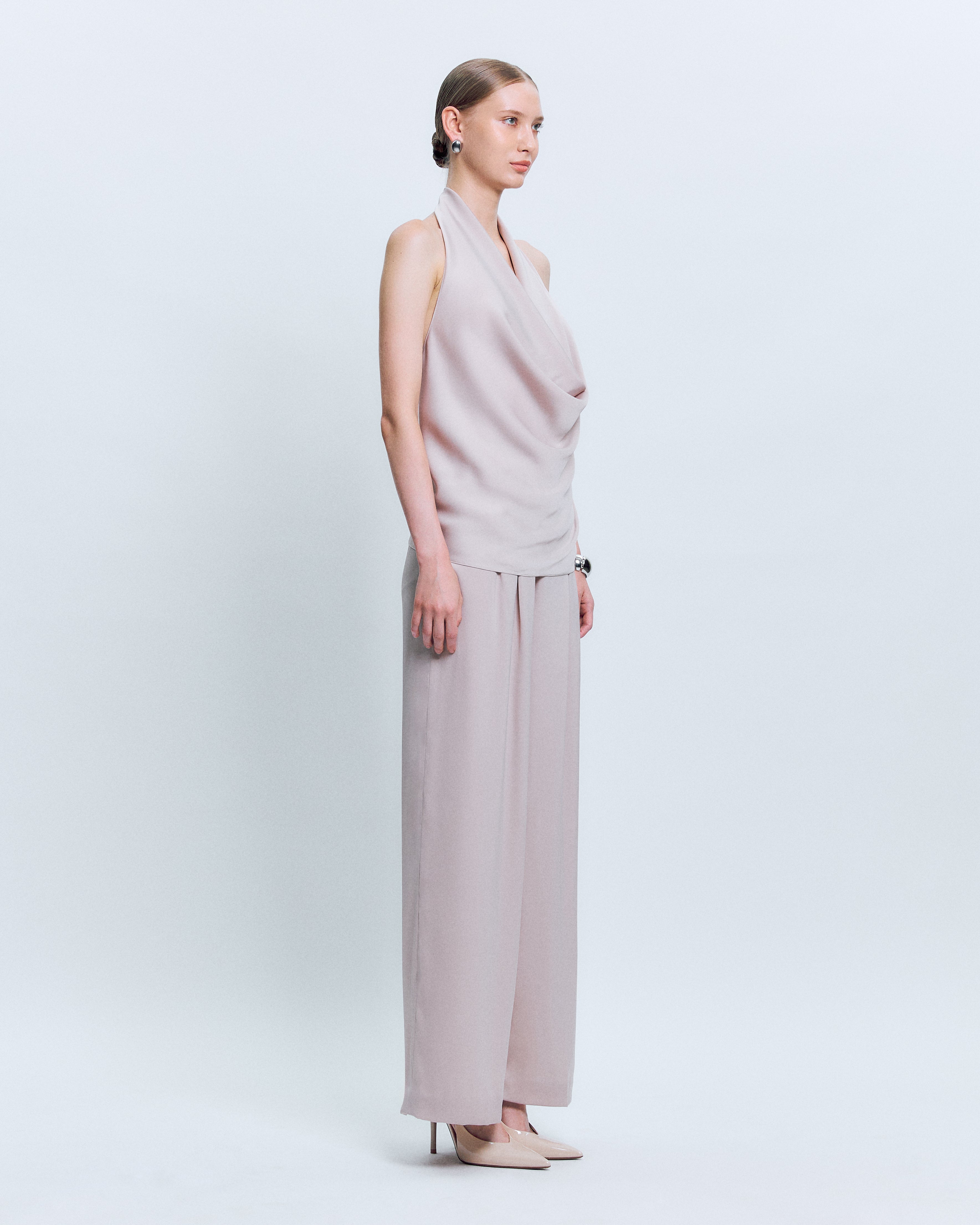 DRAPED HALTER SATIN TOP