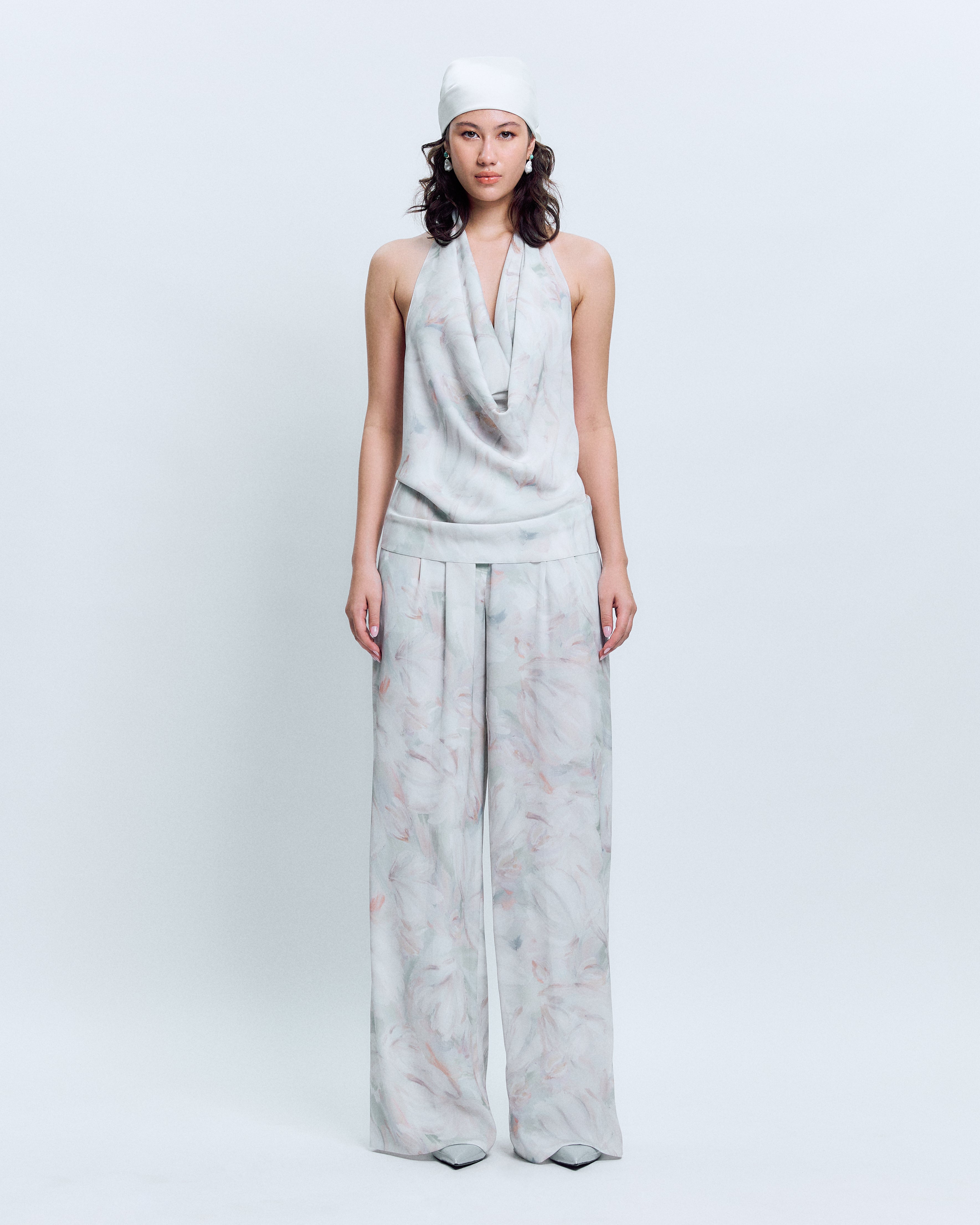 DRAPED HALTER SATIN TOP