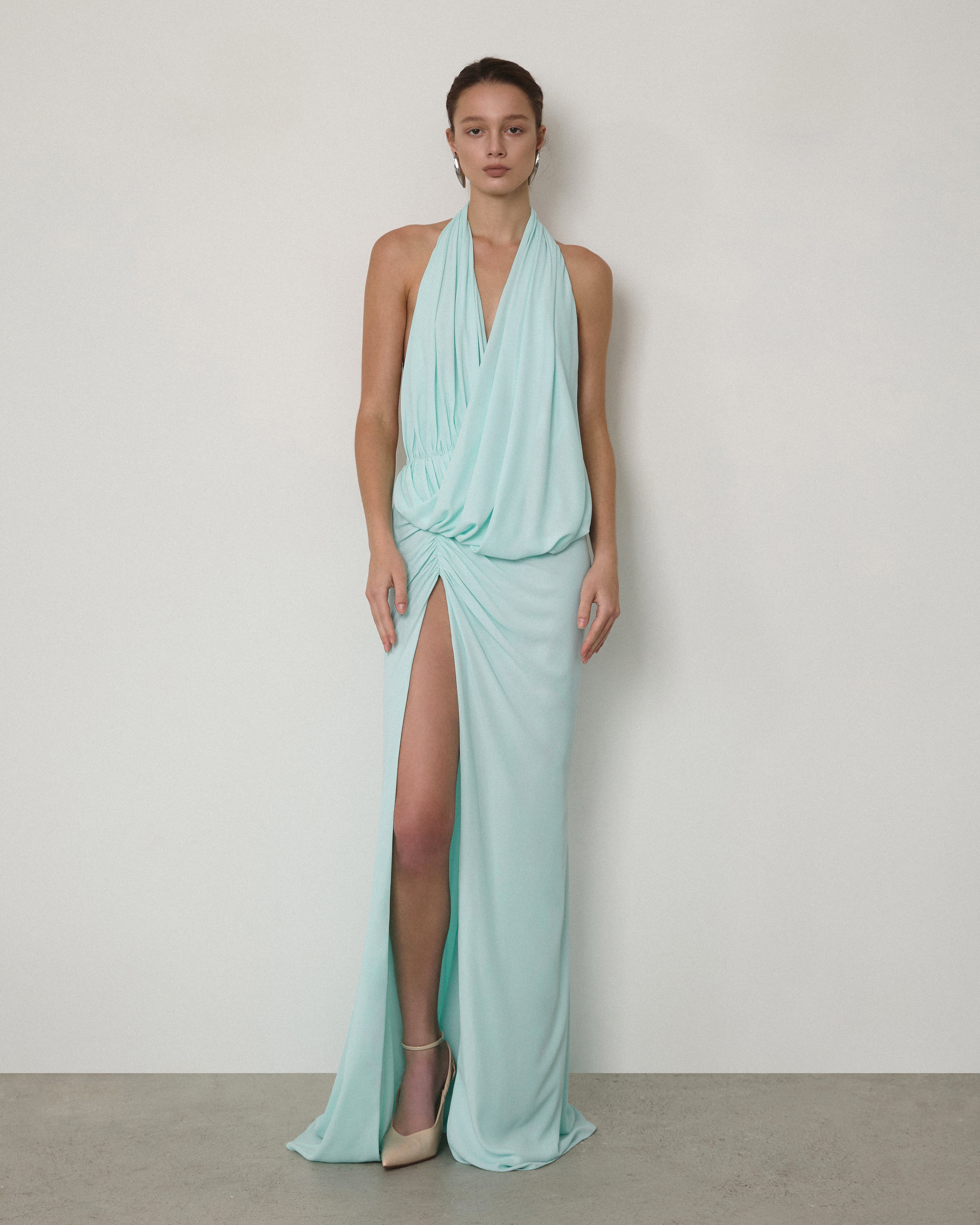 DRAPED SLEEVELESS V-NECK MAXI GOWN