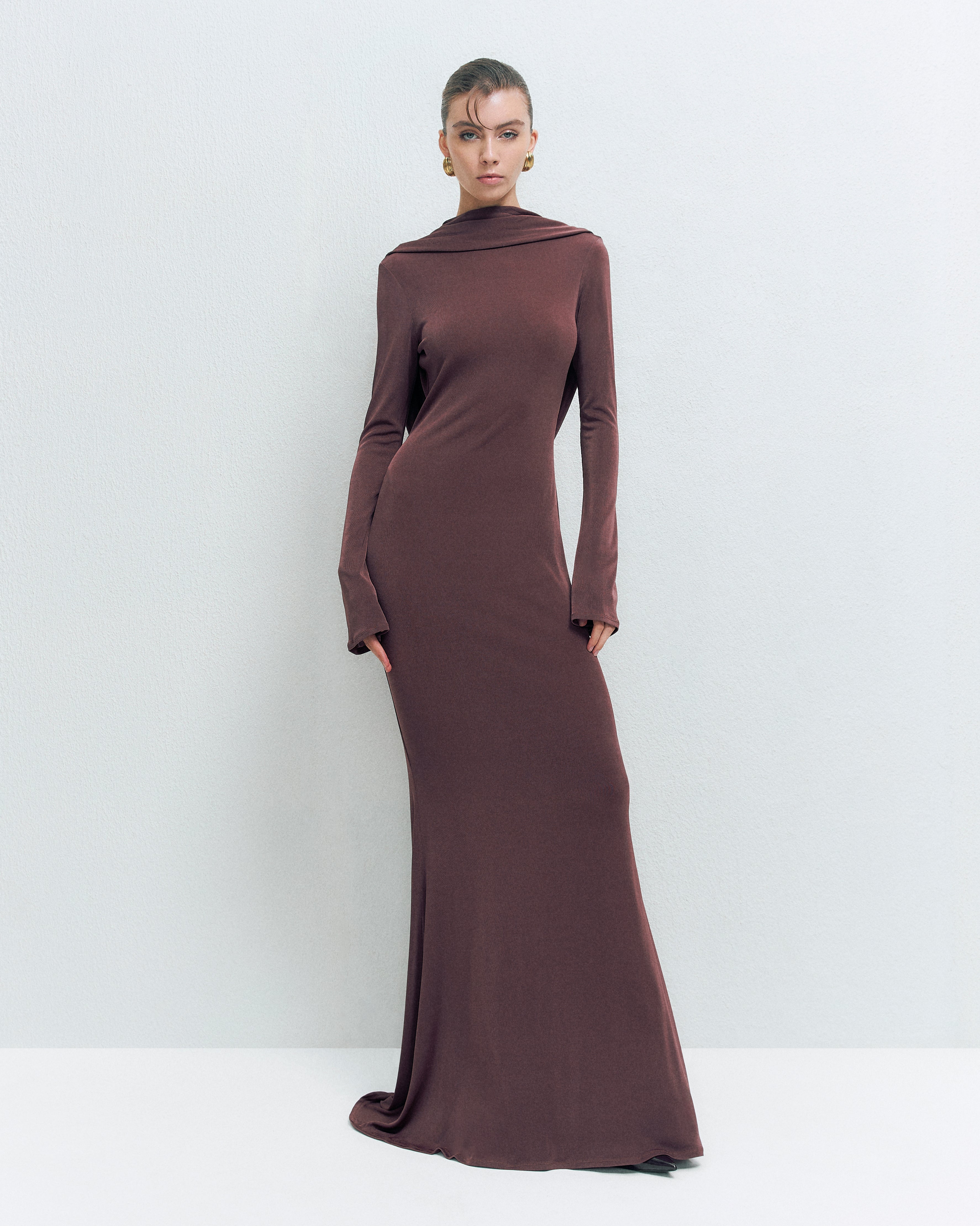 DRAPED BACKLESS JERSEY MAXI DRESS