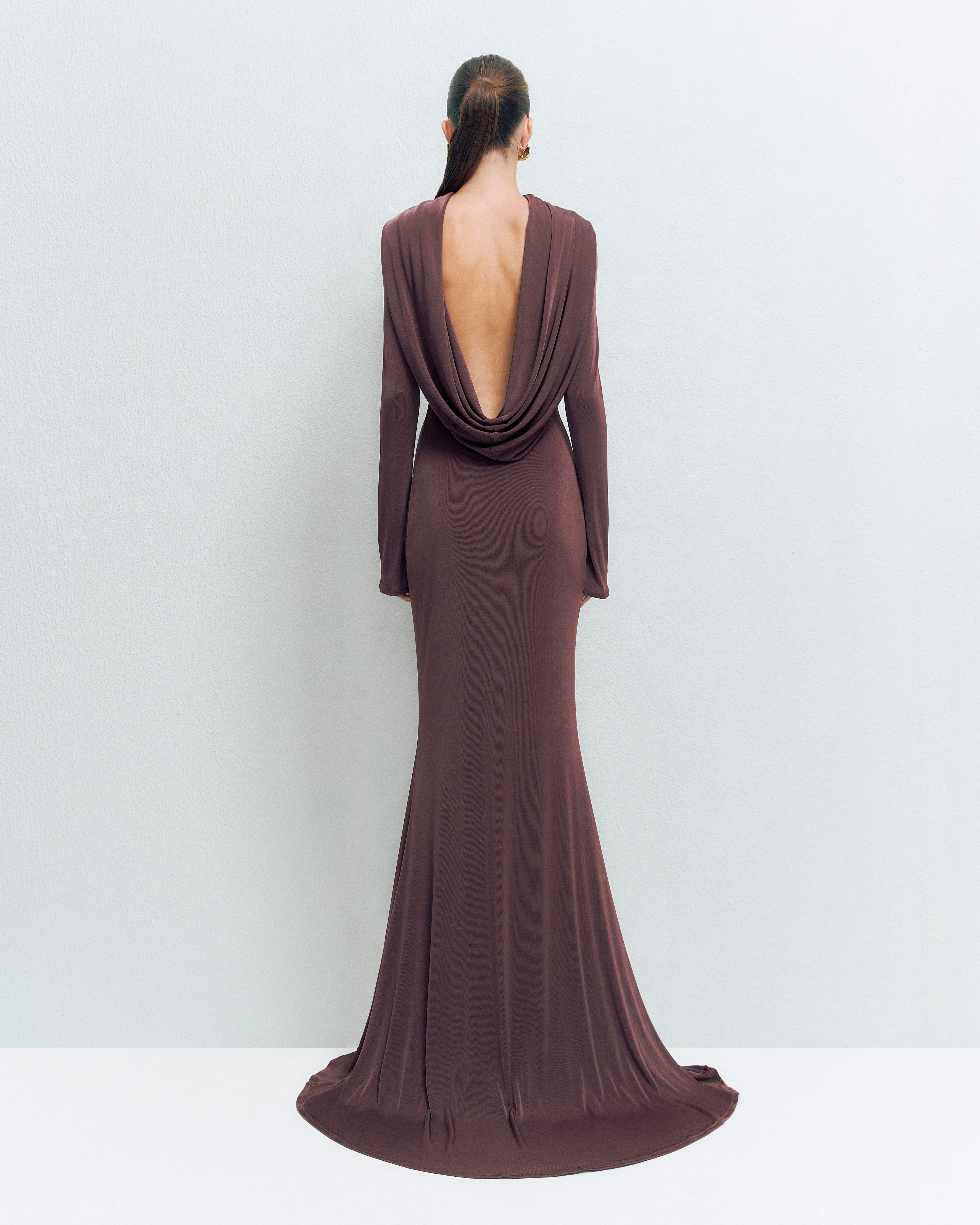 DRAPED BACKLESS JERSEY MAXI DRESS
